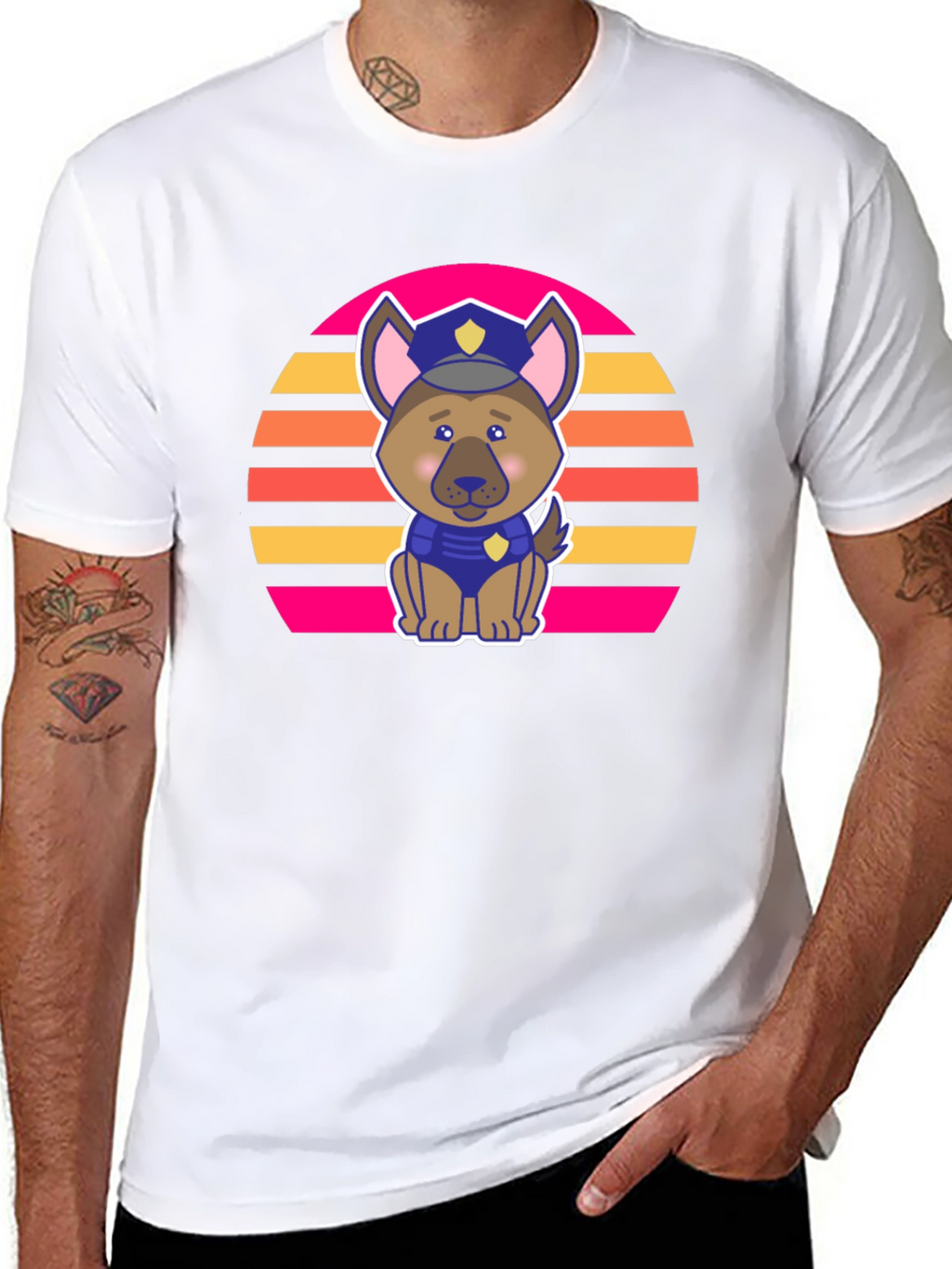 Cute Police Dog Retro Sunset T-Shirt