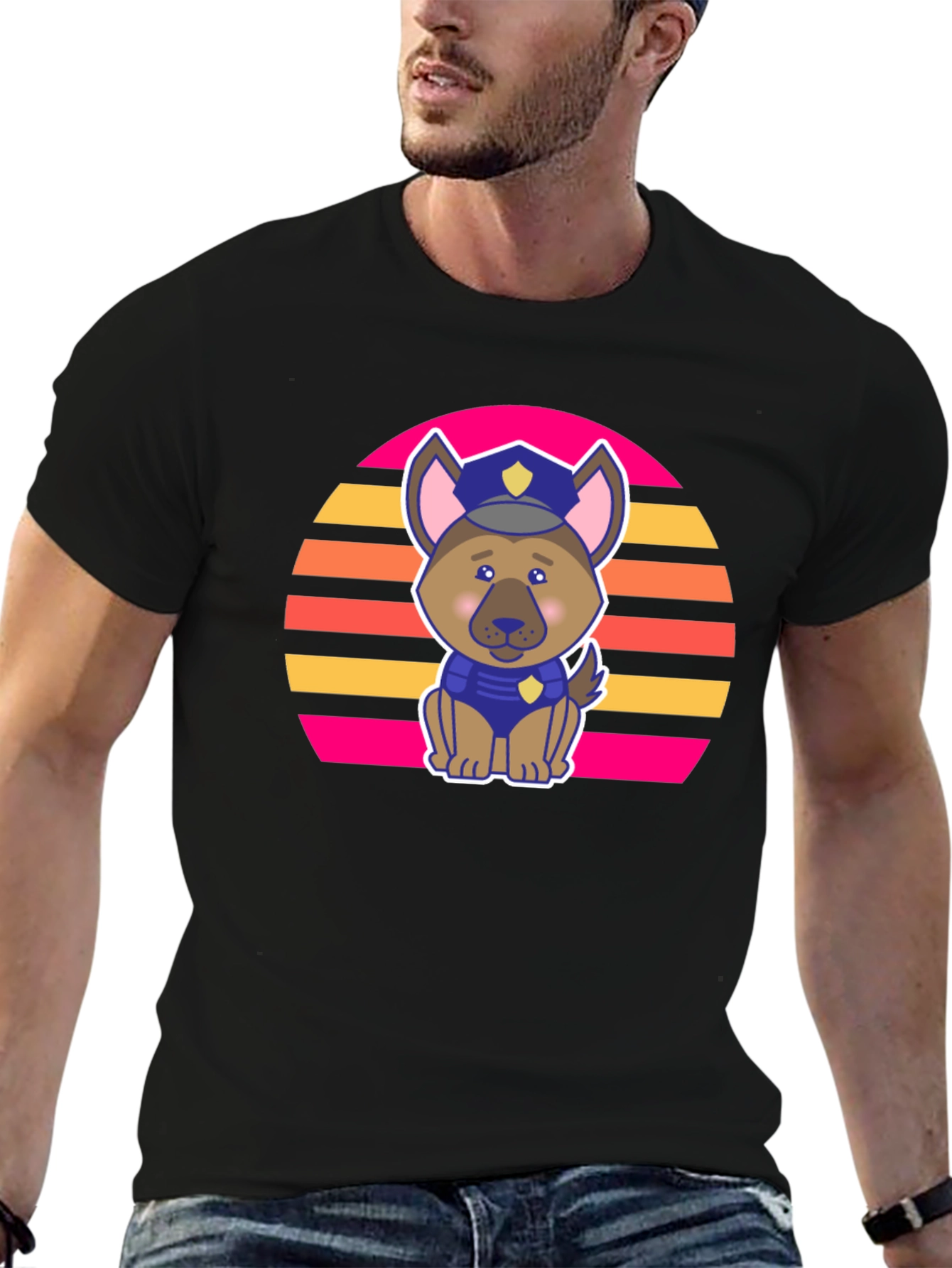 Cute Police Dog Retro Sunset T-Shirt