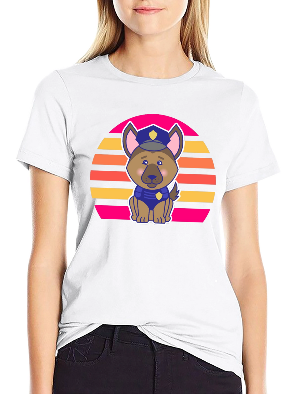 Cute Police Dog Retro Sunset T-Shirt