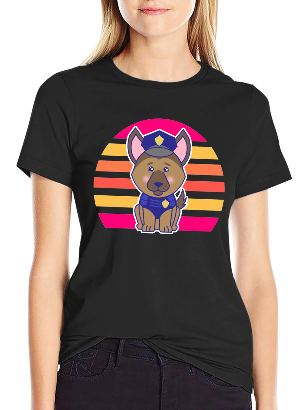 Cute Police Dog Retro Sunset T-Shirt