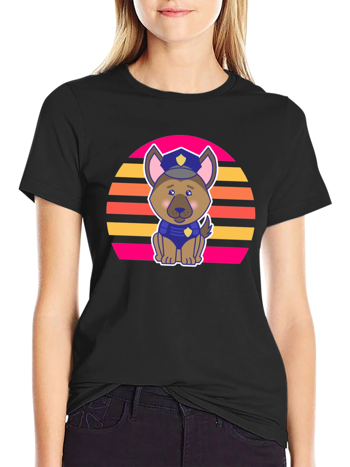 Cute Police Dog Retro Sunset T-Shirt