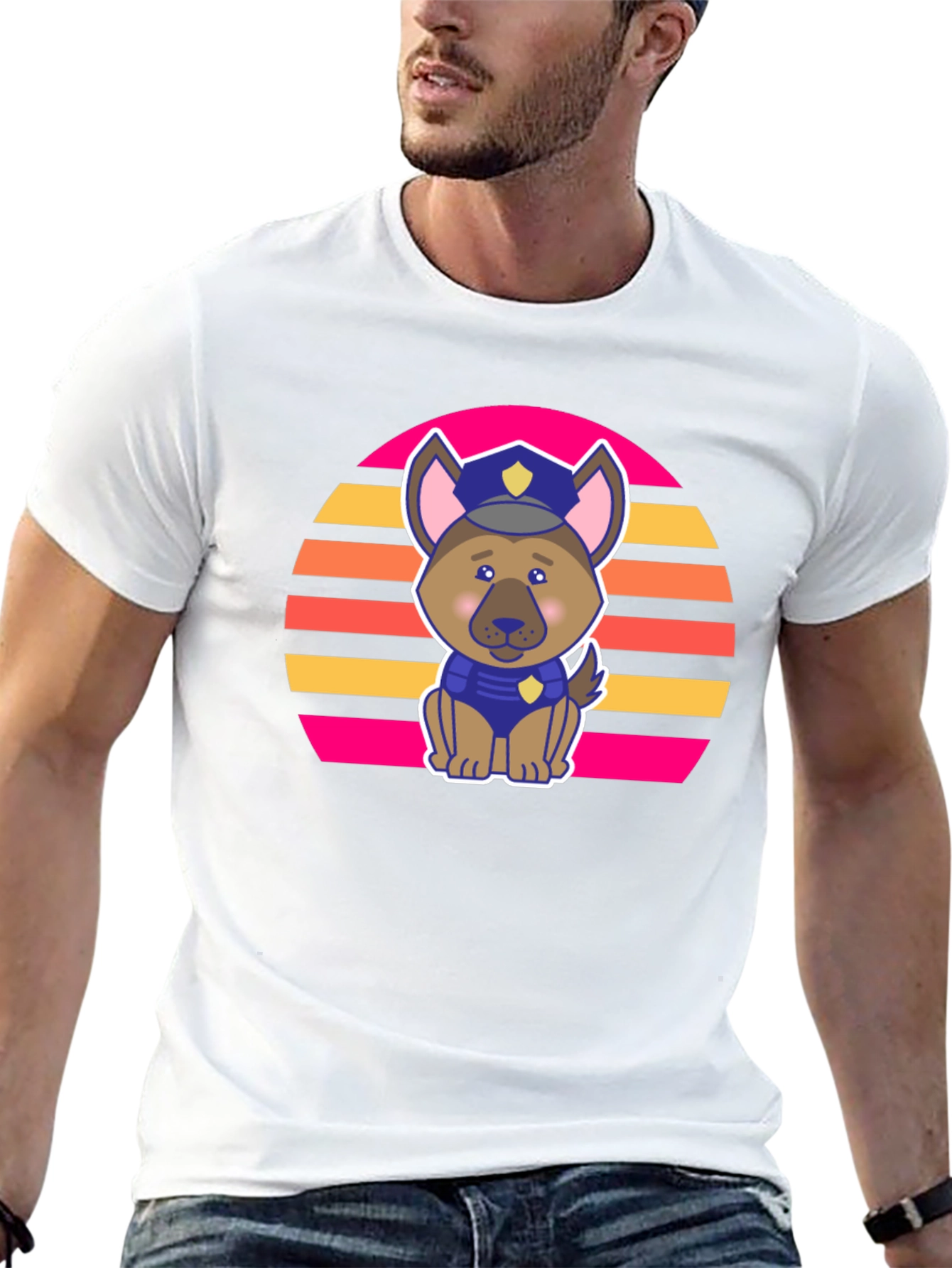 Cute Police Dog Retro Sunset T-Shirt