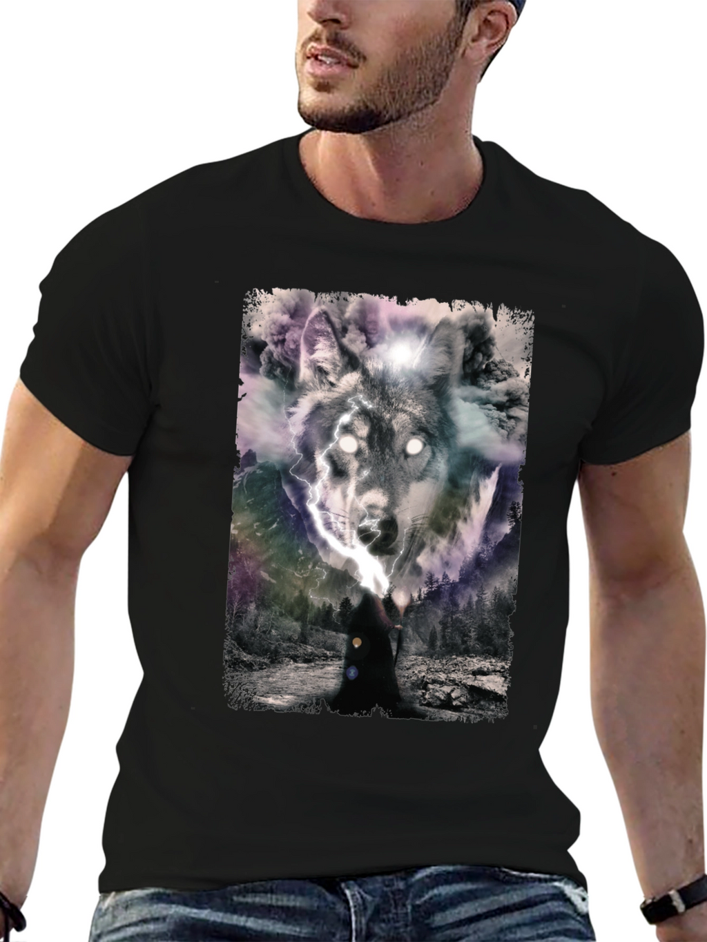 Wolf Graphic Print Mens Black T-Shirt