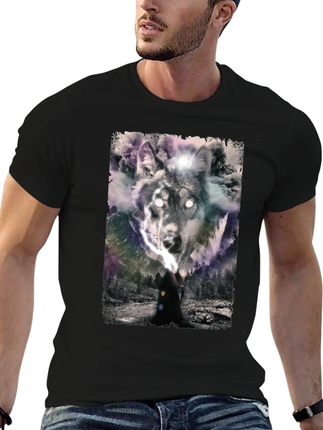 Wolf Graphic Print Mens Black T-Shirt
