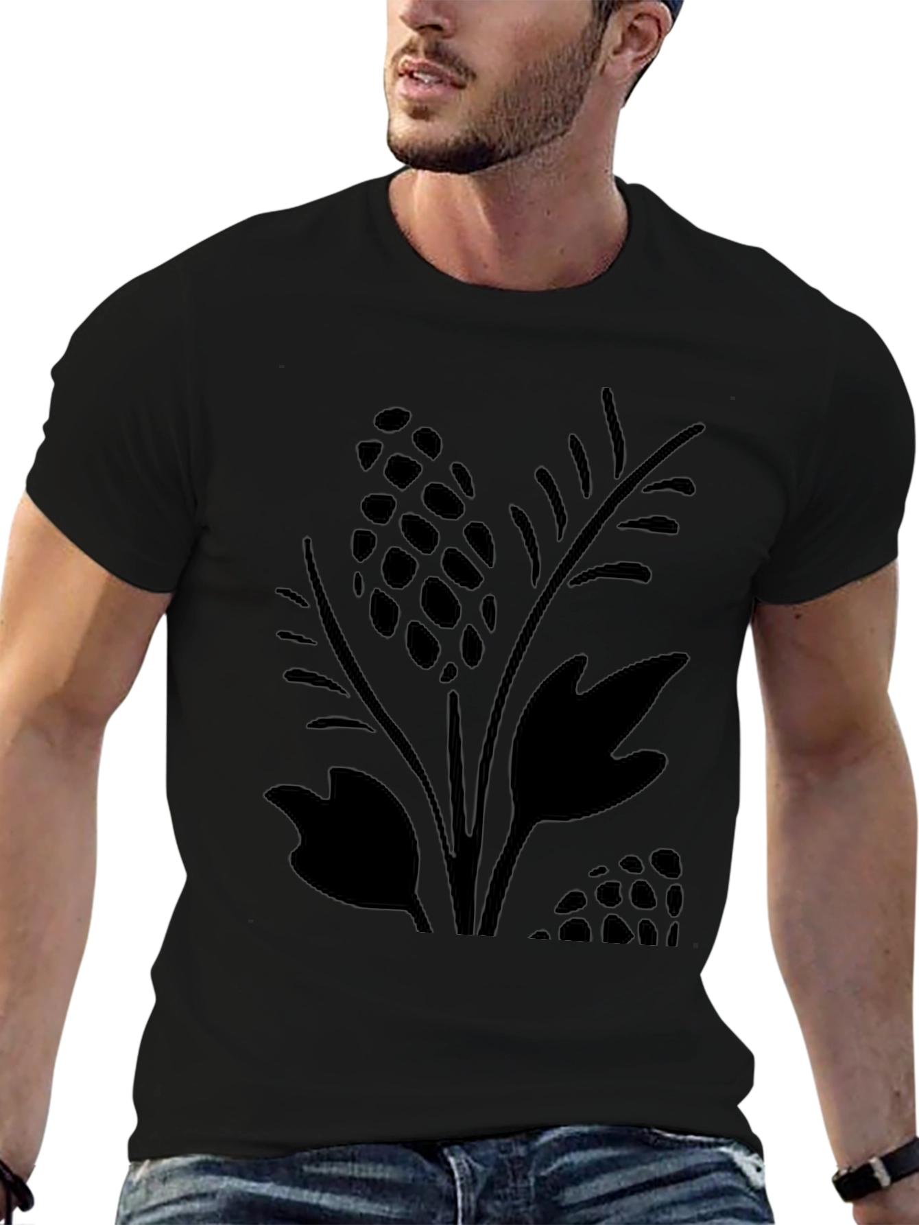 Mens Black Graphic Tee - Botanical Design