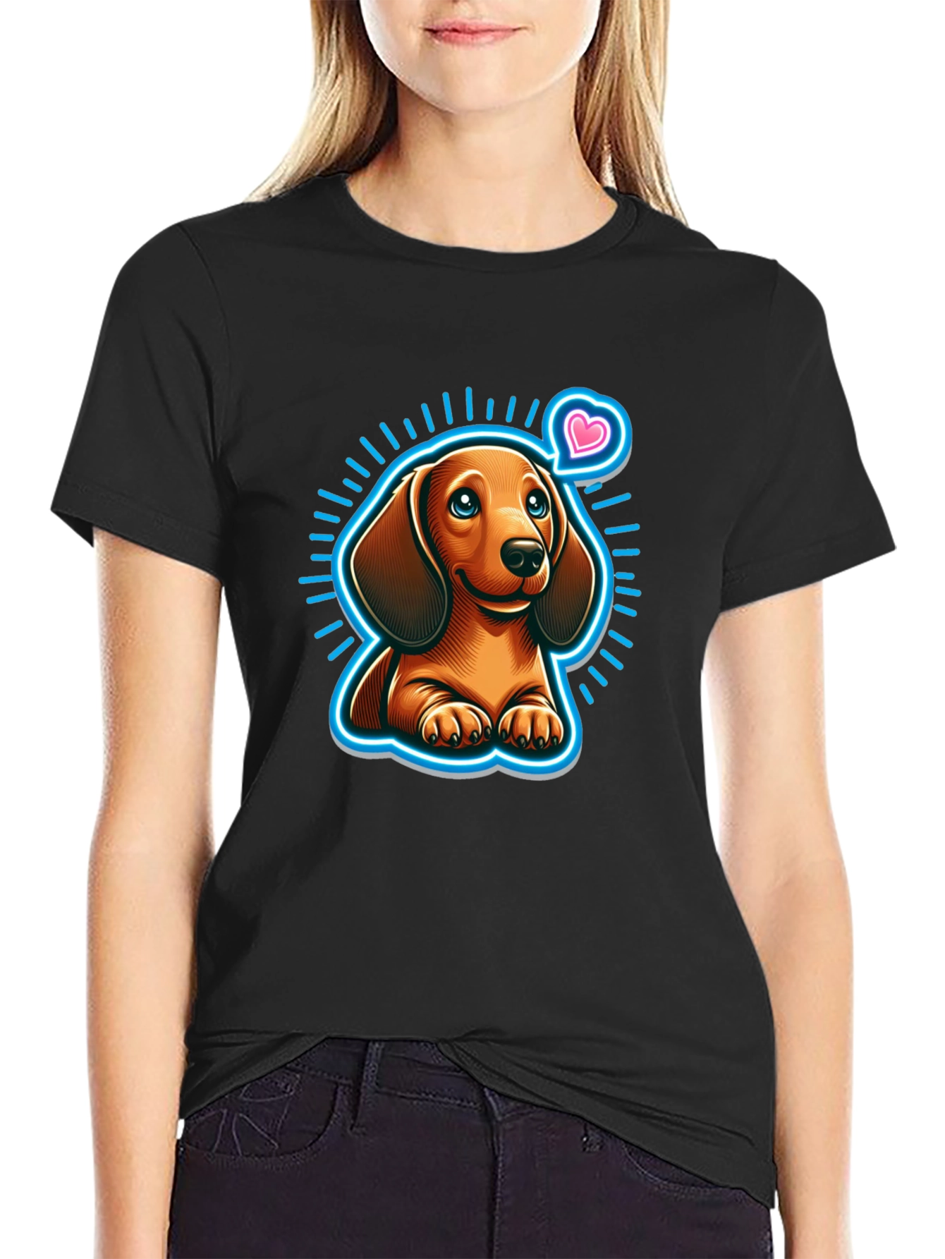 Cute Dachshund Dog Graphic Tee - Black Cotton Comfort