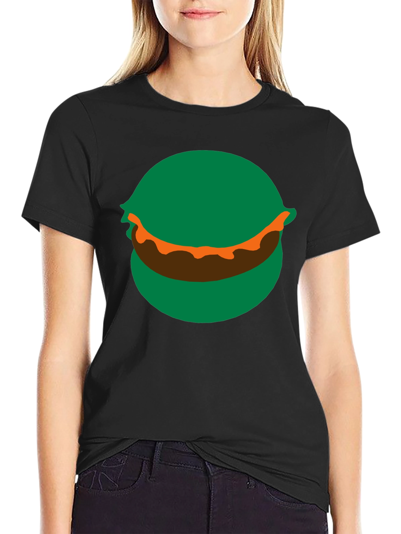 Cartoon Burger Graphic Tee - Black Crew Neck