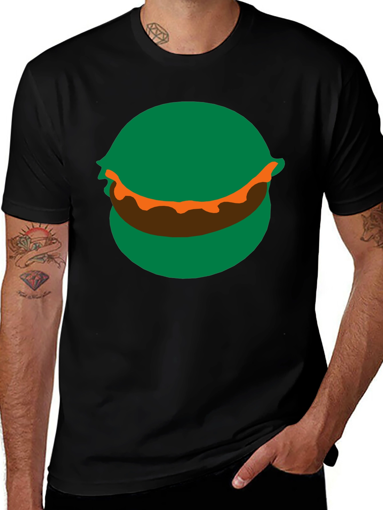 Cartoon Burger Graphic Tee - Black Crew Neck