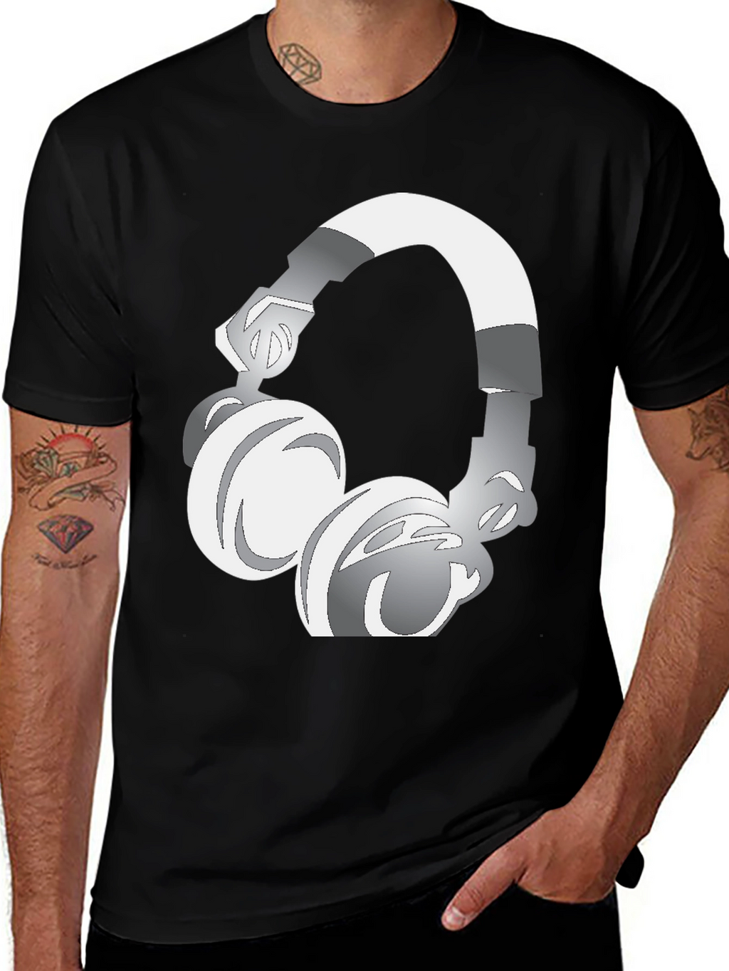 Cool Graphic Tee: Silver Headphones Design
