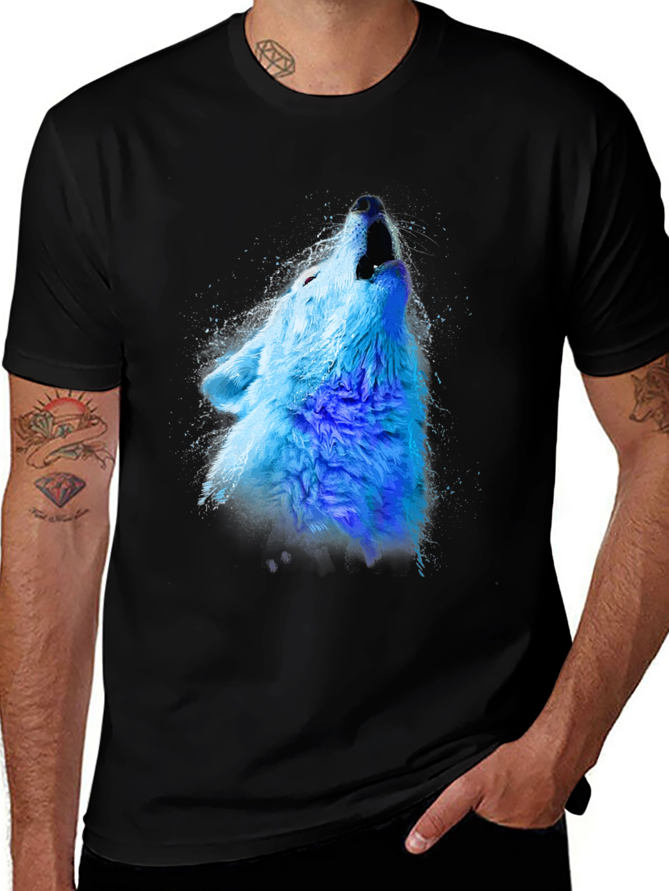 Blue Wolf Graphic Tee - Mens Black Crew Neck T-Shirt
