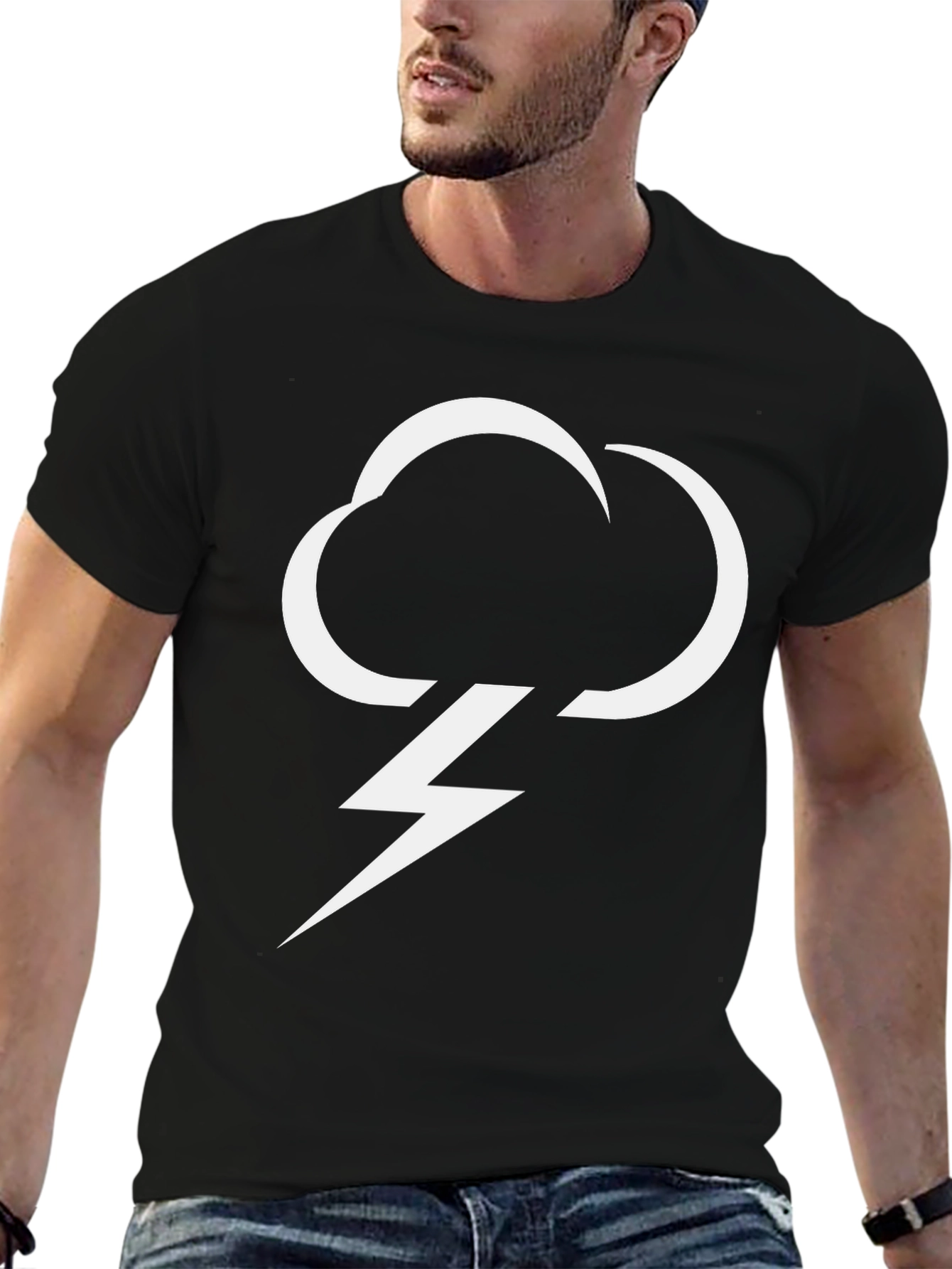 Cloud Lightning Bolt Graphic Tee - Black Casual T-Shirt