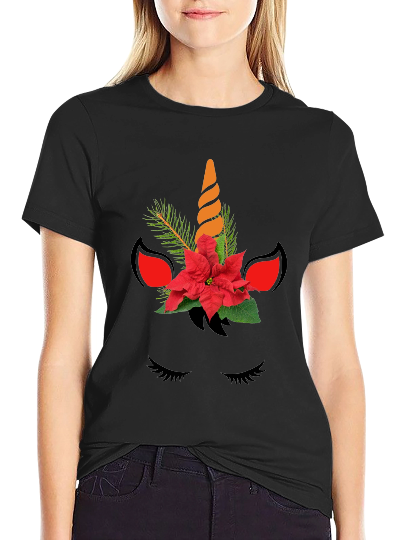 Festive Unicorn Graphic Tee - Black Cotton Blend