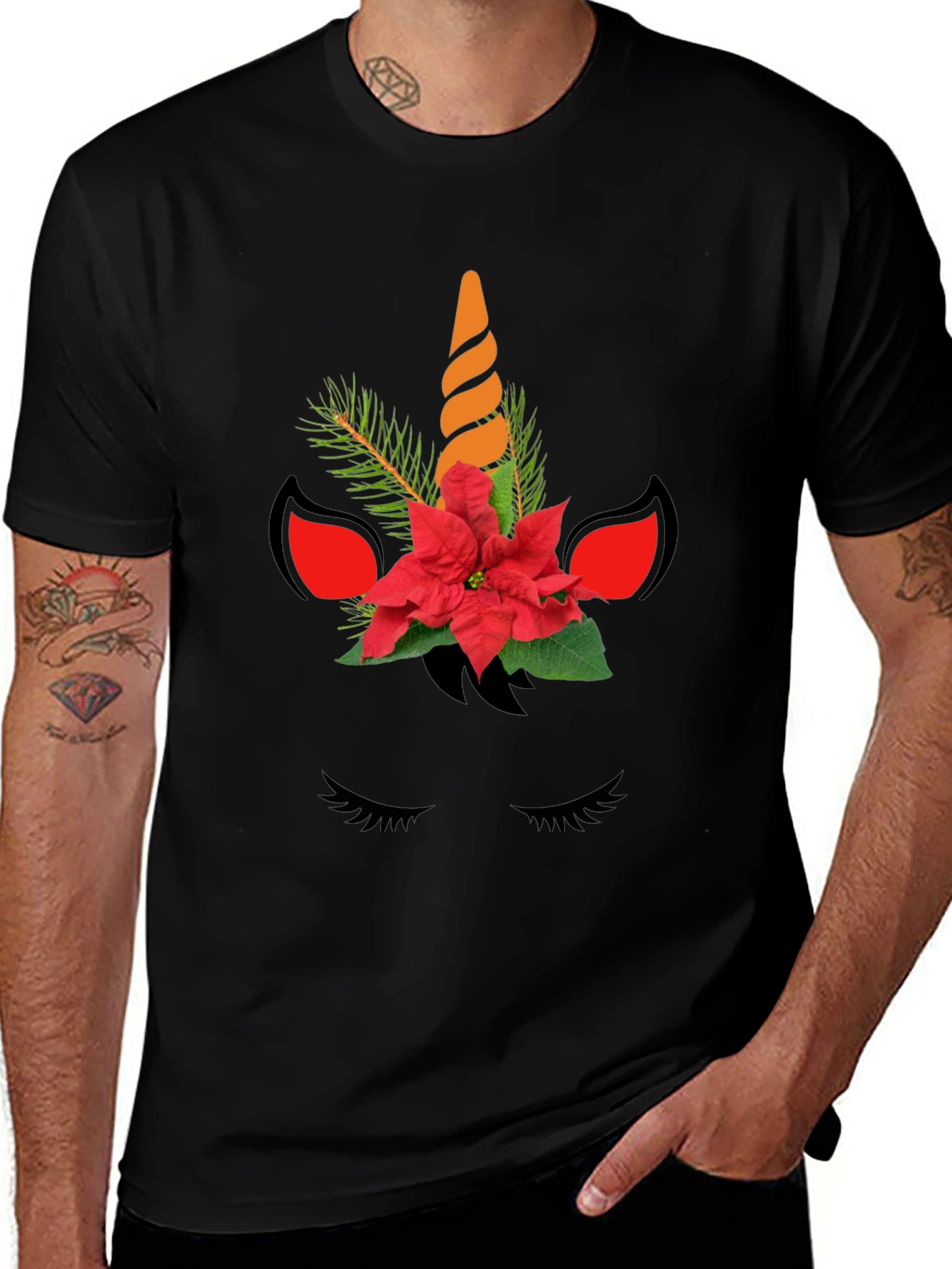 Festive Unicorn Graphic Tee - Black Cotton Blend