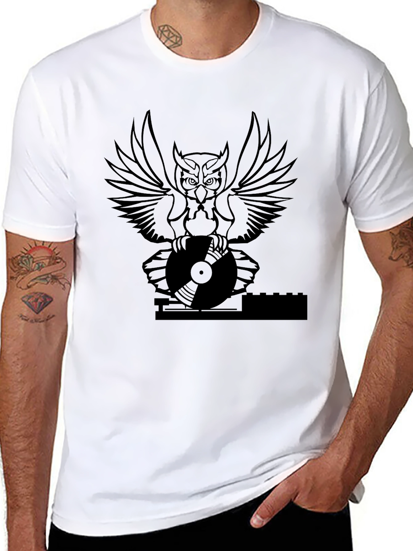 DJ Owl Graphic Tee - Black Cotton T-Shirt
