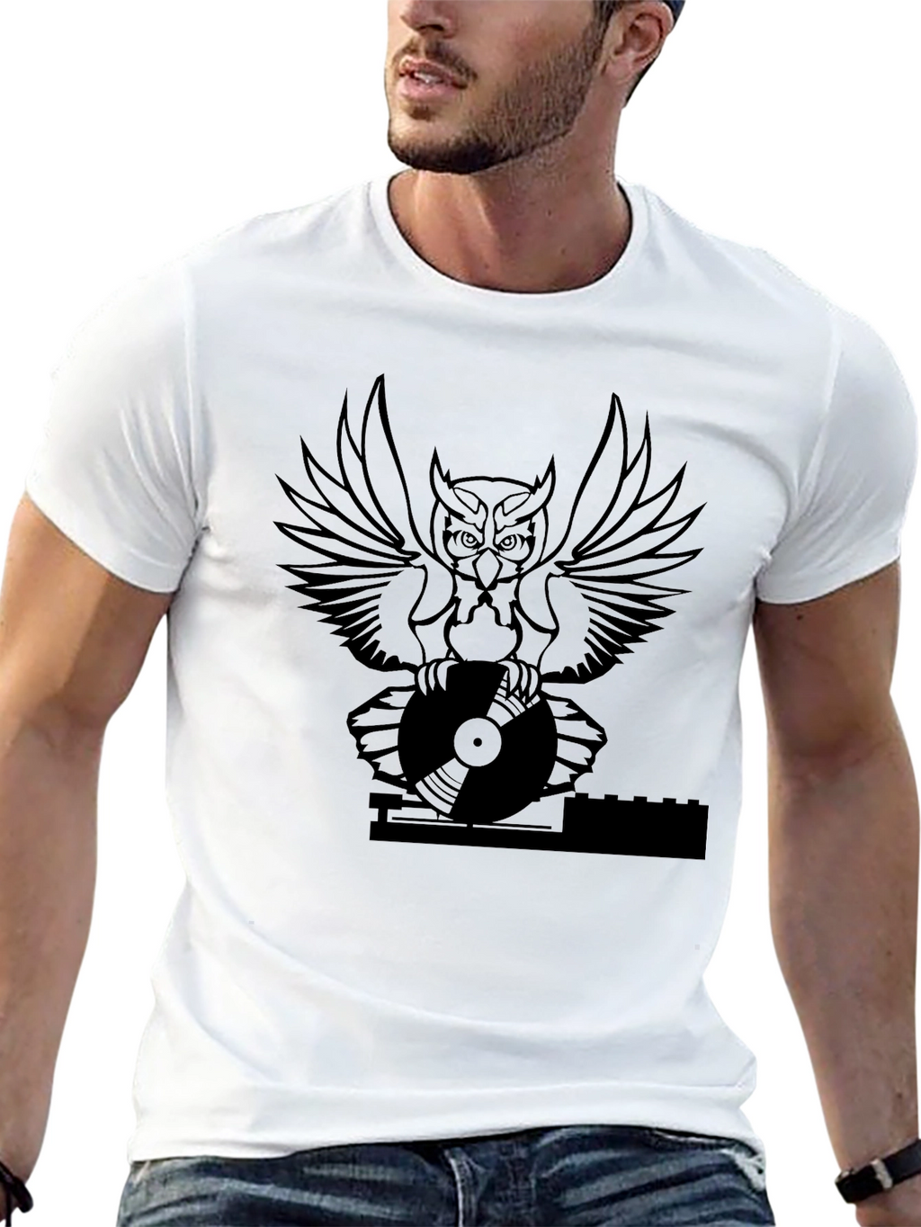 DJ Owl Graphic Tee - Black Cotton T-Shirt