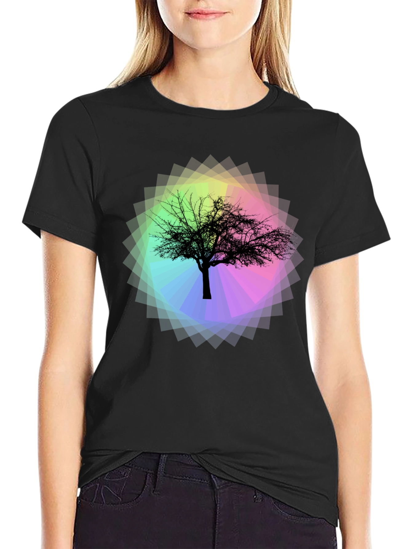 Tree Silhouette on Rainbow Prism Tee