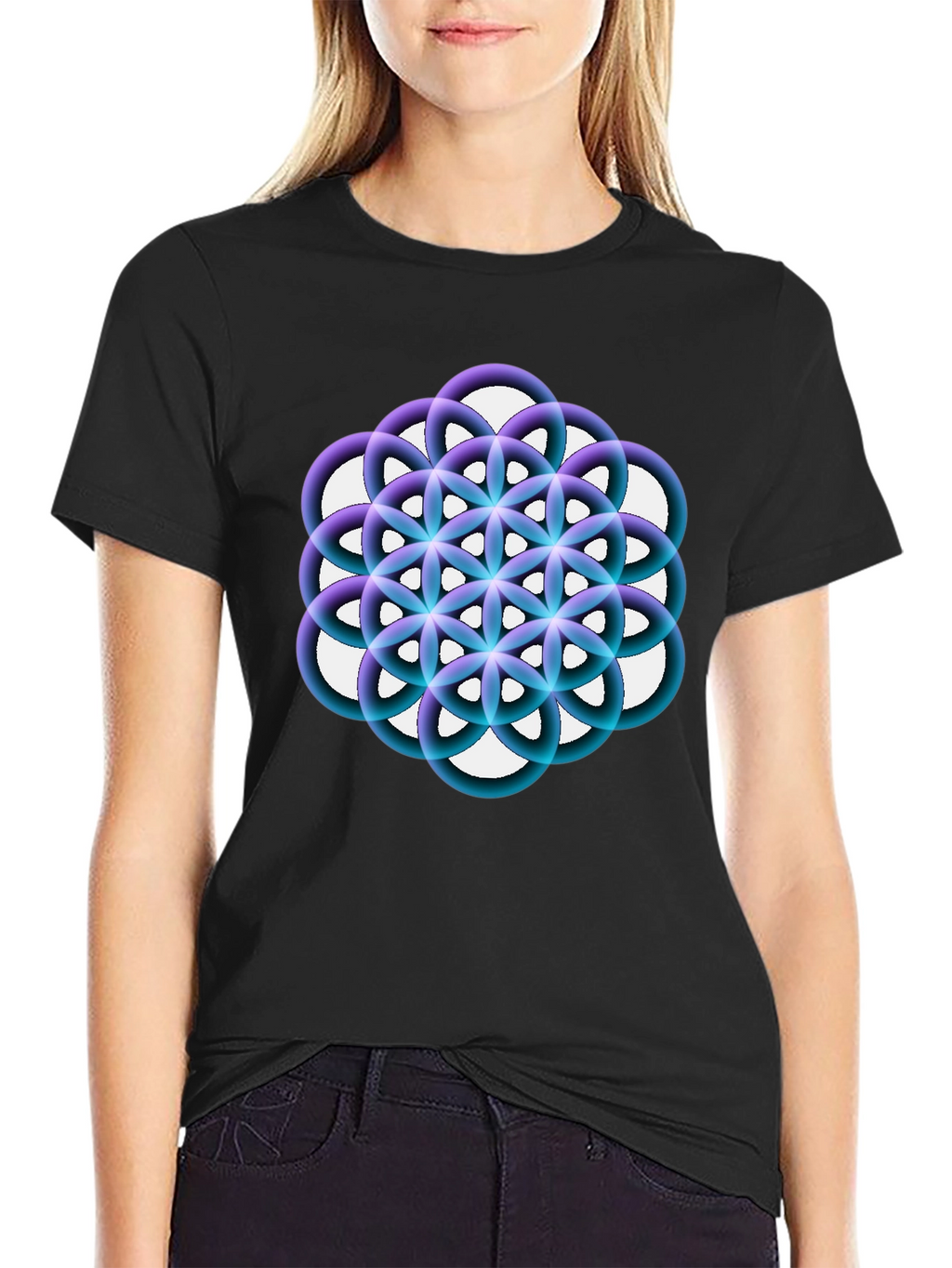 Geometric Circle Flower Black Graphic Tee