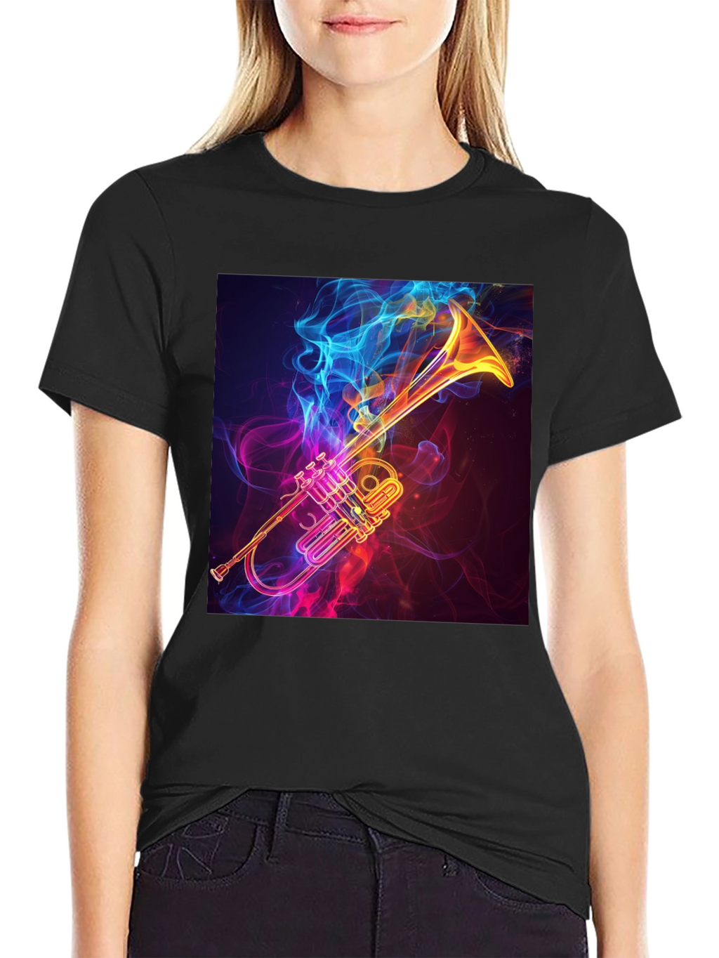Stylish Trumpet Graphic Tee - Black