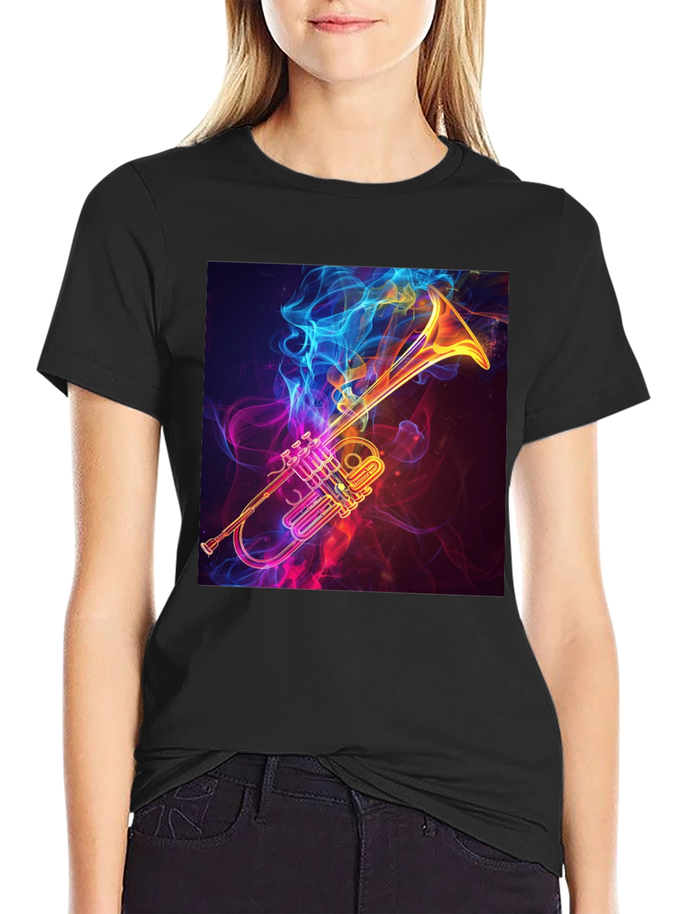 Stylish Trumpet Graphic Tee - Black