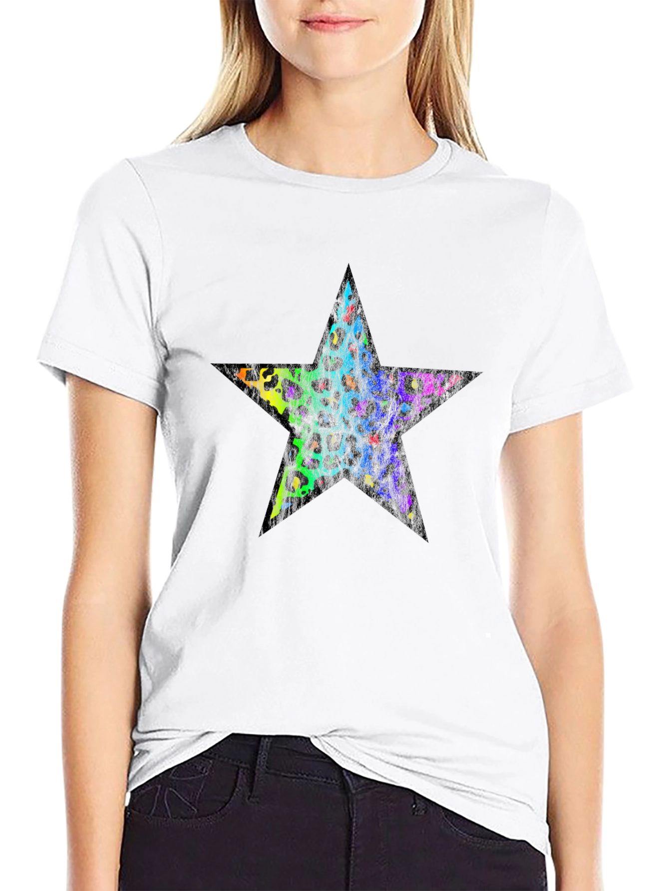 Rainbow Leopard Star Graphic Black T-Shirt