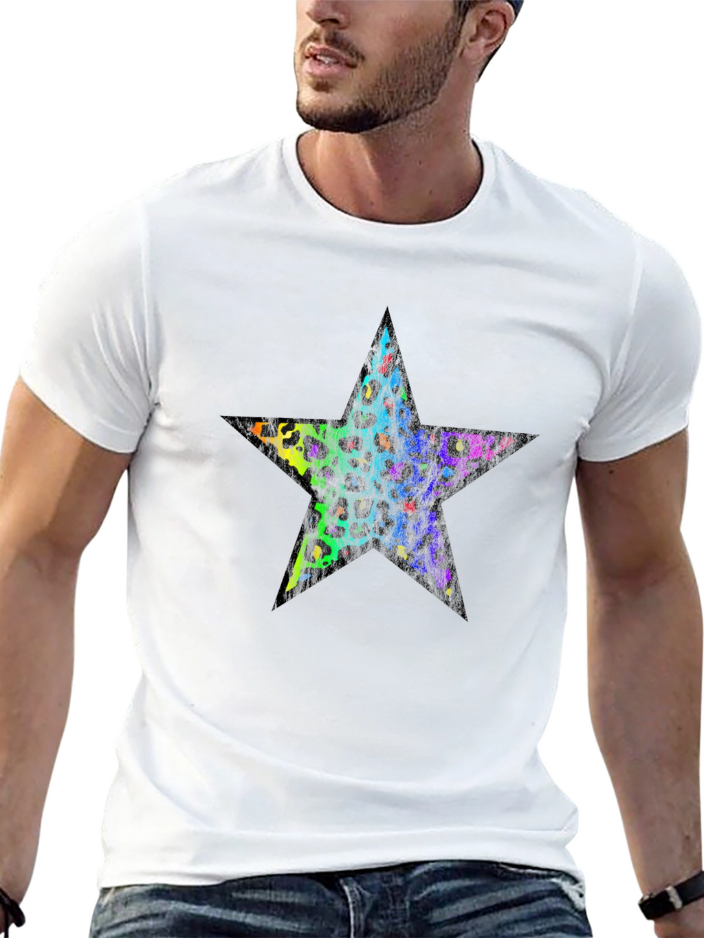 Rainbow Leopard Star Graphic Black T-Shirt