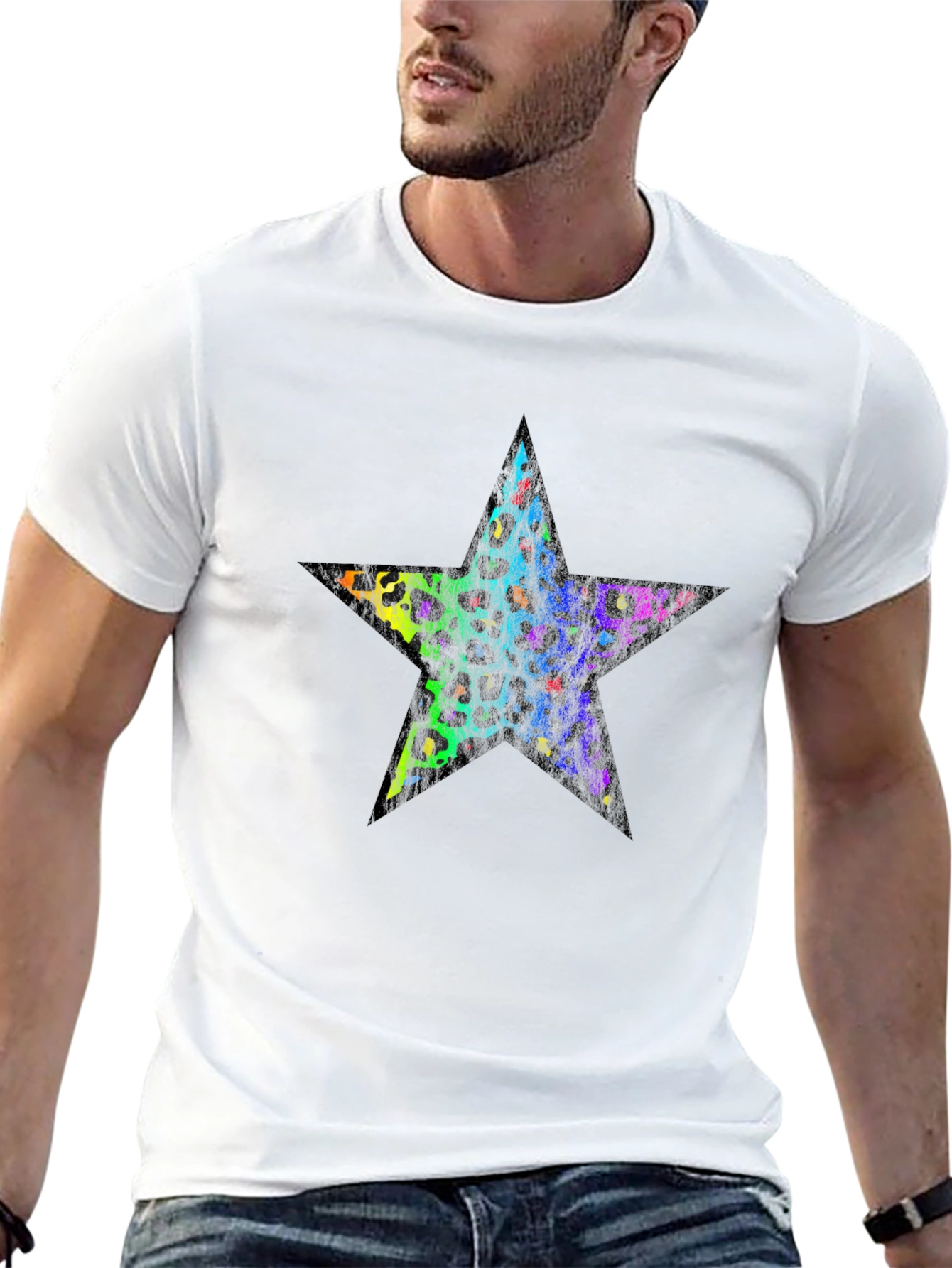 Rainbow Leopard Star Graphic Black T-Shirt