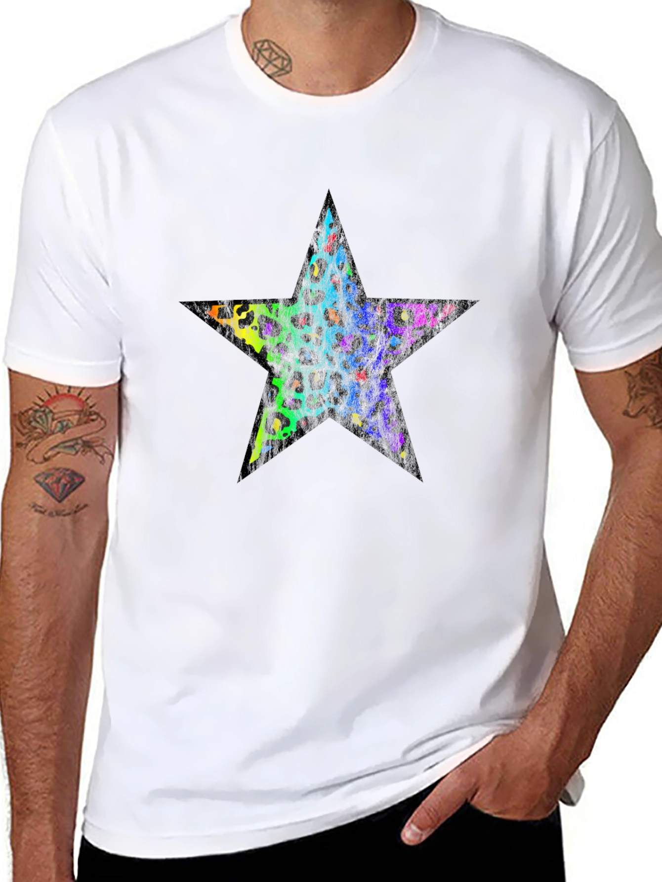 Rainbow Leopard Star Graphic Black T-Shirt