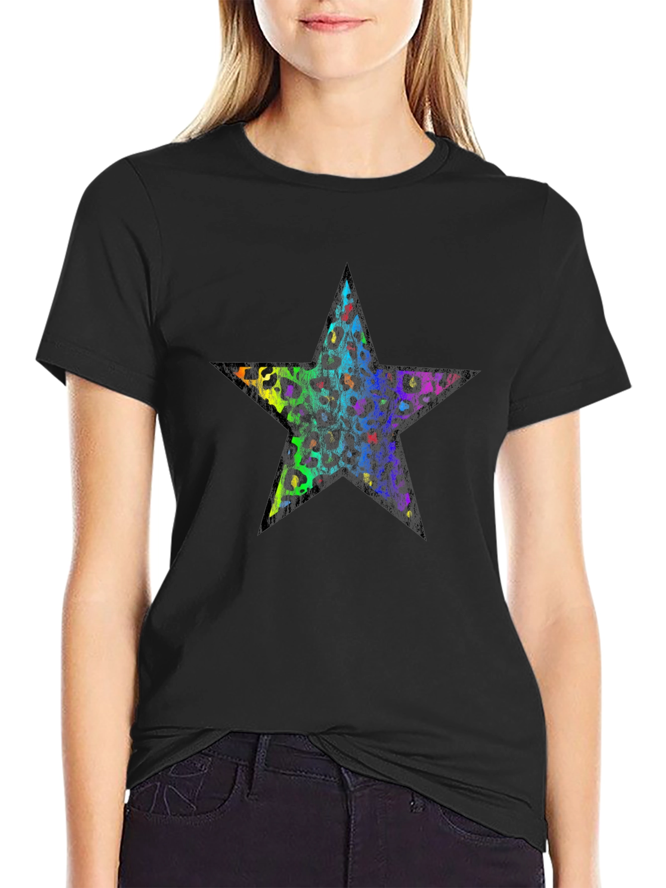 Rainbow Leopard Star Graphic Black T-Shirt