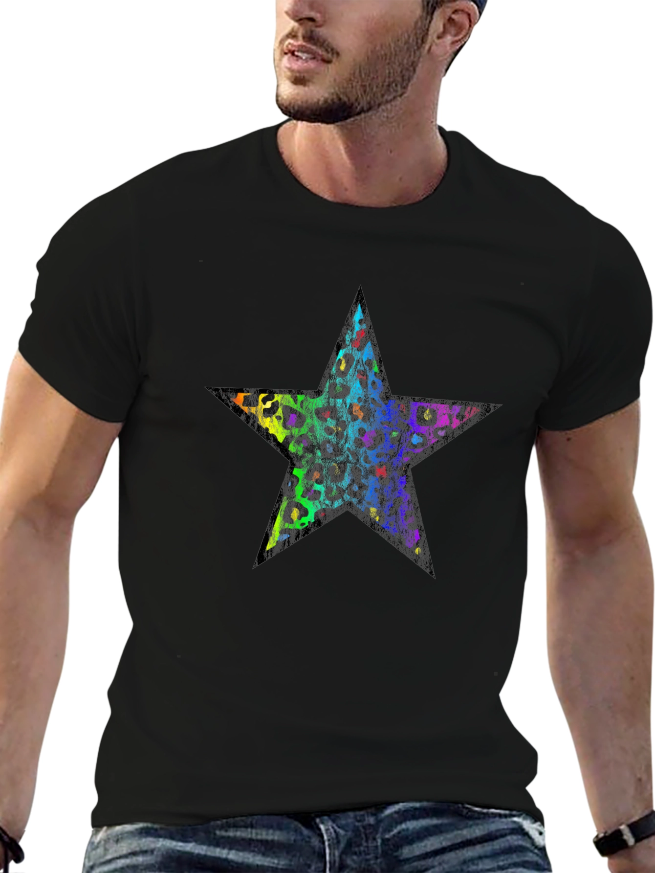 Rainbow Leopard Star Graphic Black T-Shirt