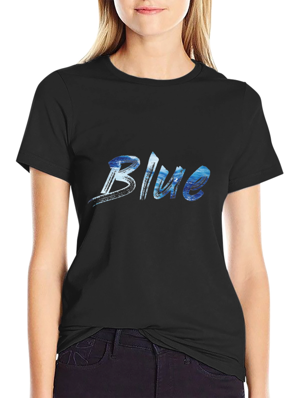 Blue Ocean Wave Print Black T-Shirt