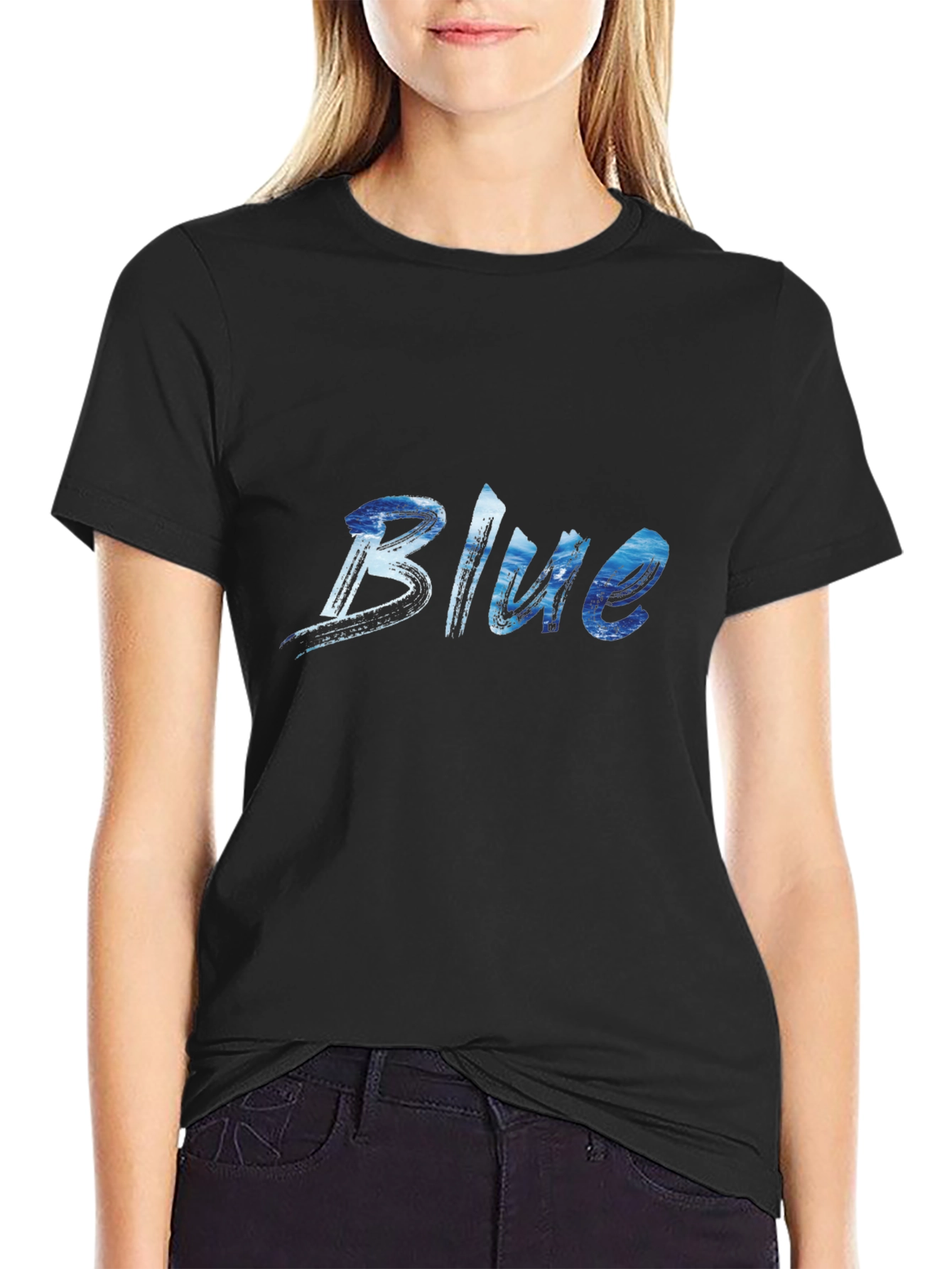 Blue Ocean Wave Print Black T-Shirt