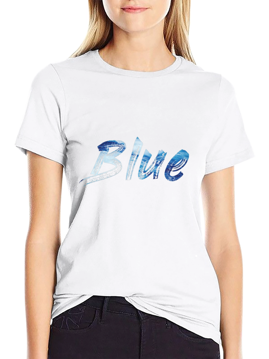 Blue Ocean Wave Print Black T-Shirt
