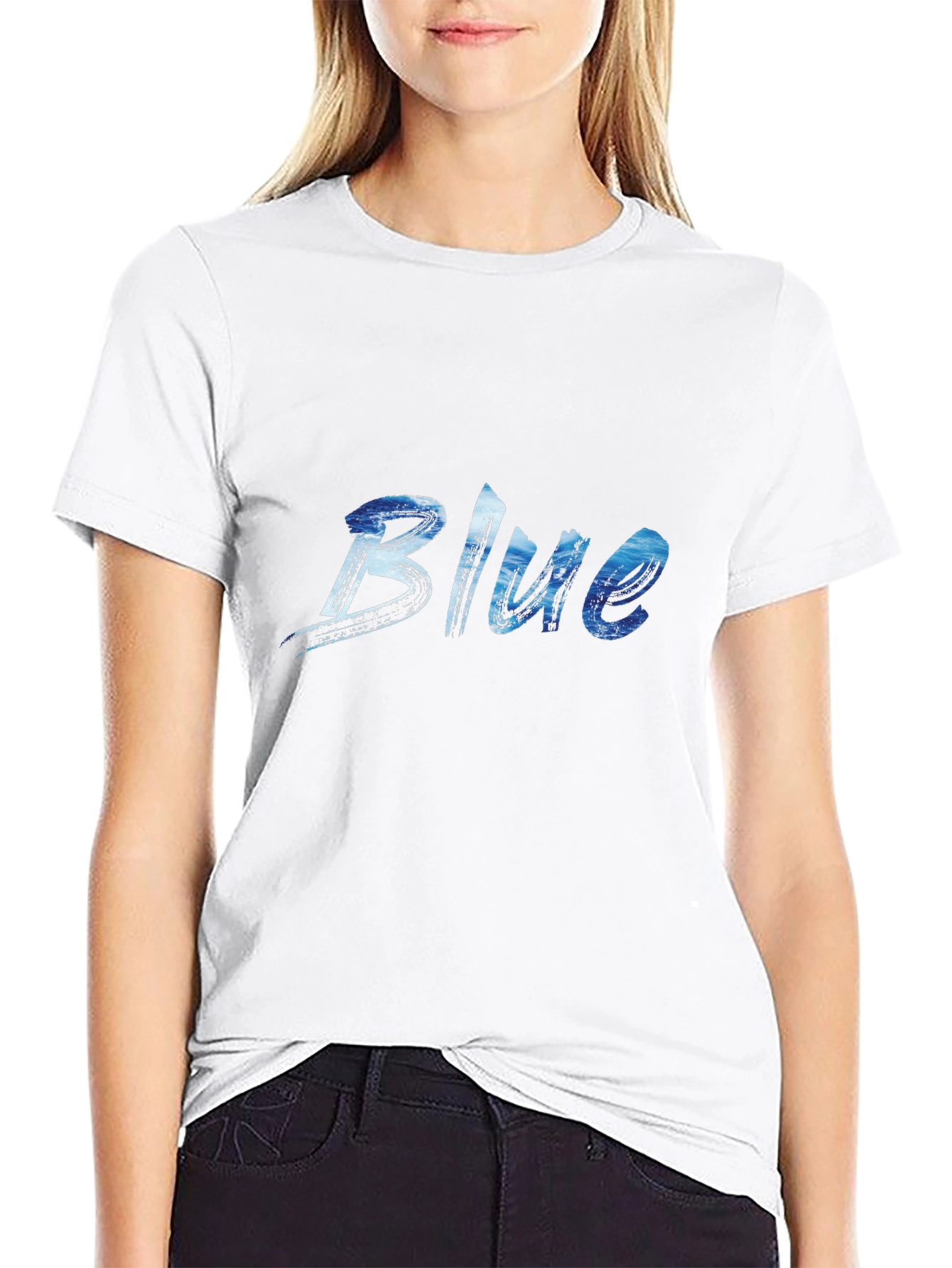 Blue Ocean Wave Print Black T-Shirt