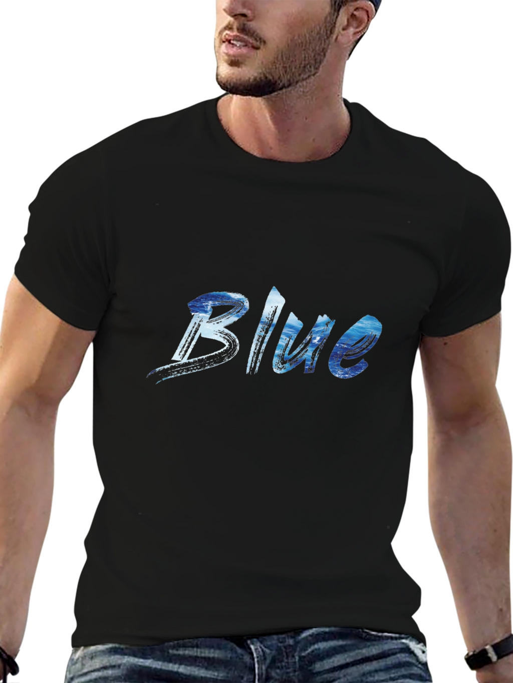 Blue Ocean Wave Print Black T-Shirt