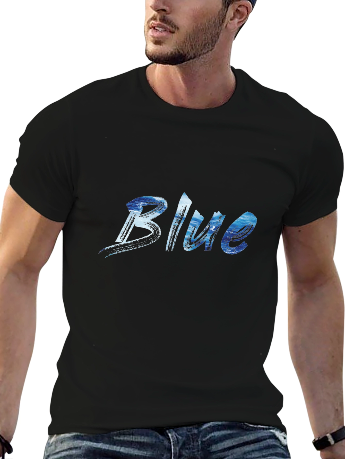 Blue Ocean Wave Print Black T-Shirt