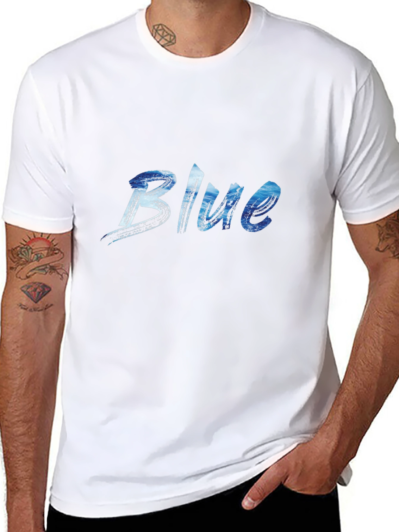 Blue Ocean Wave Print Black T-Shirt