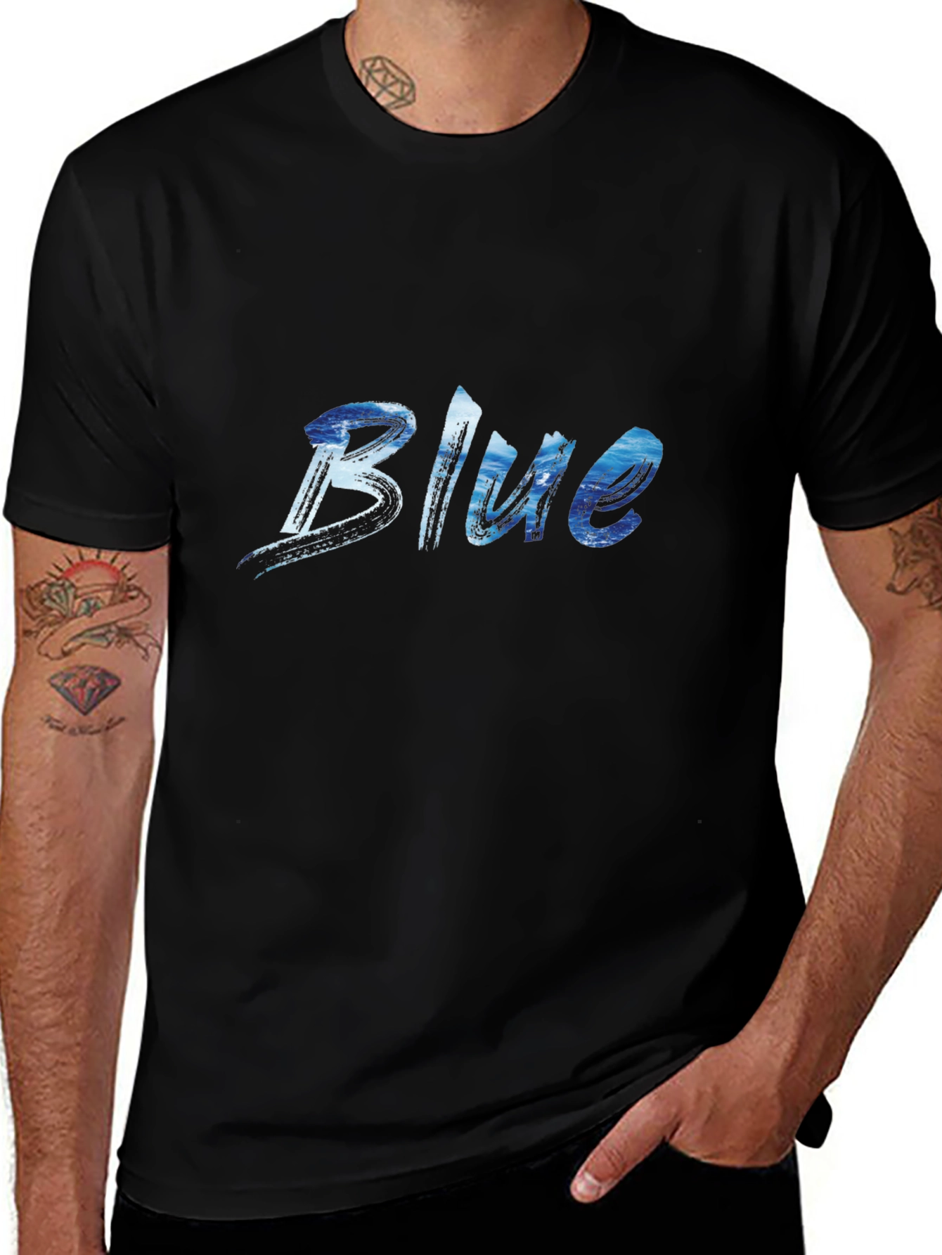 Blue Ocean Wave Print Black T-Shirt