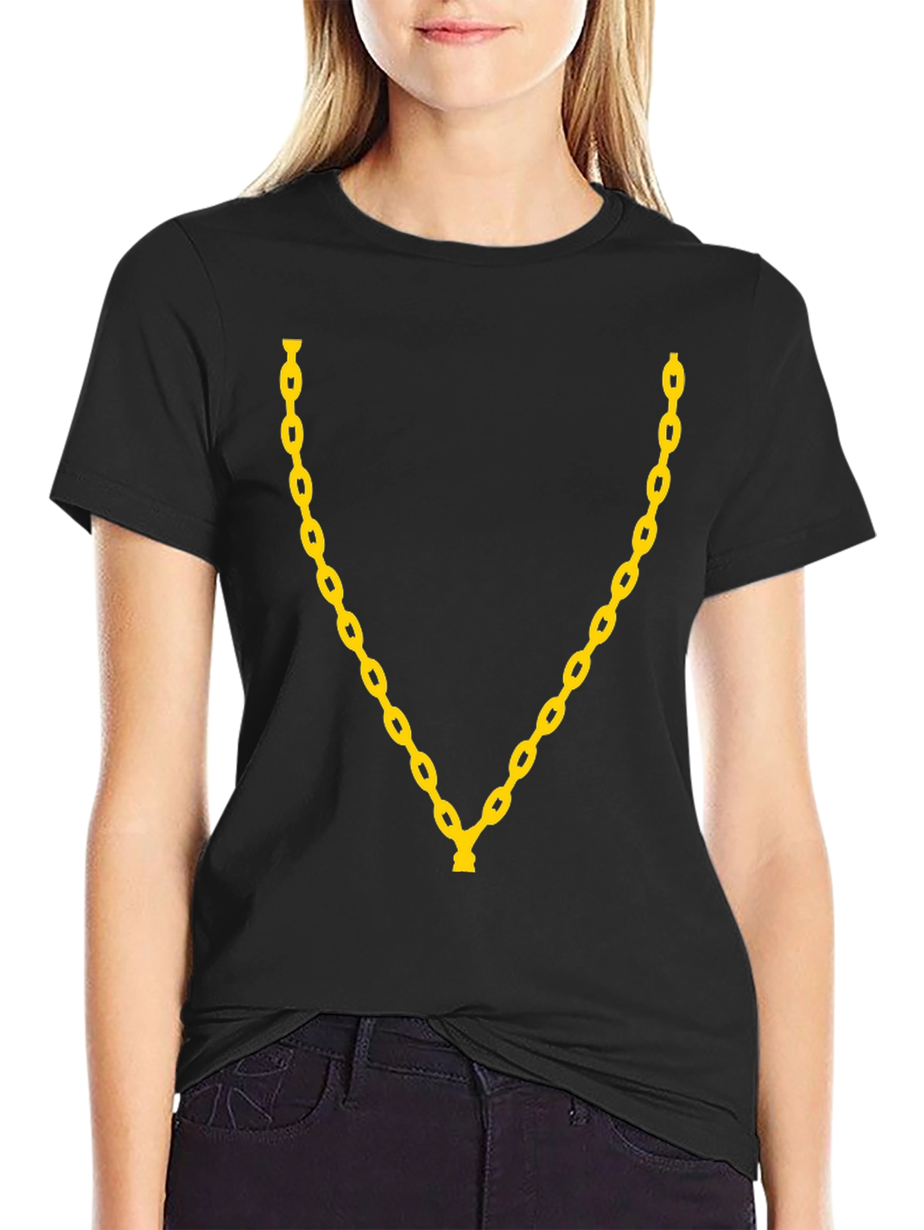 Mens Black T-Shirt with Gold Chain Design