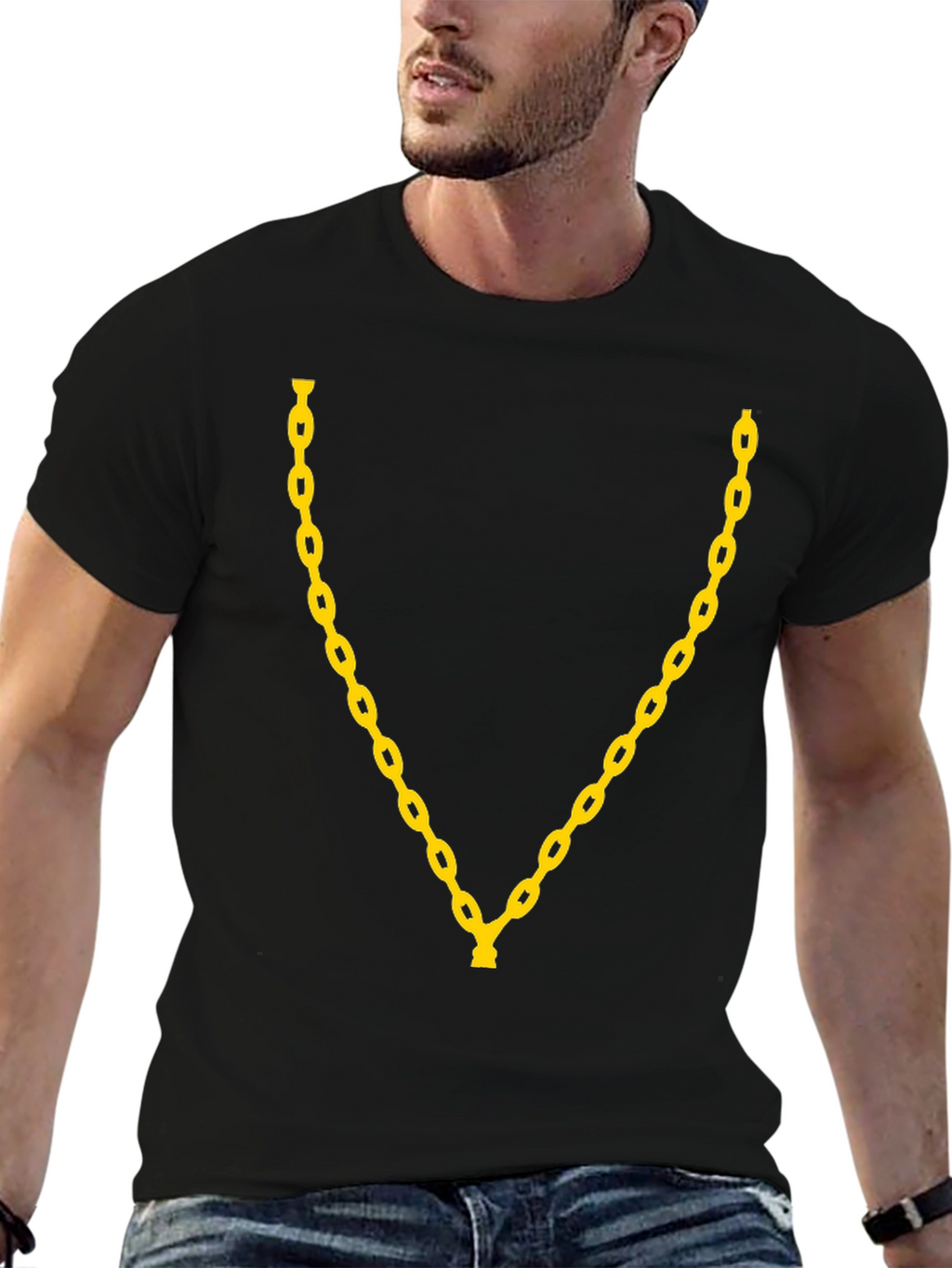 Mens Black T-Shirt with Gold Chain Design