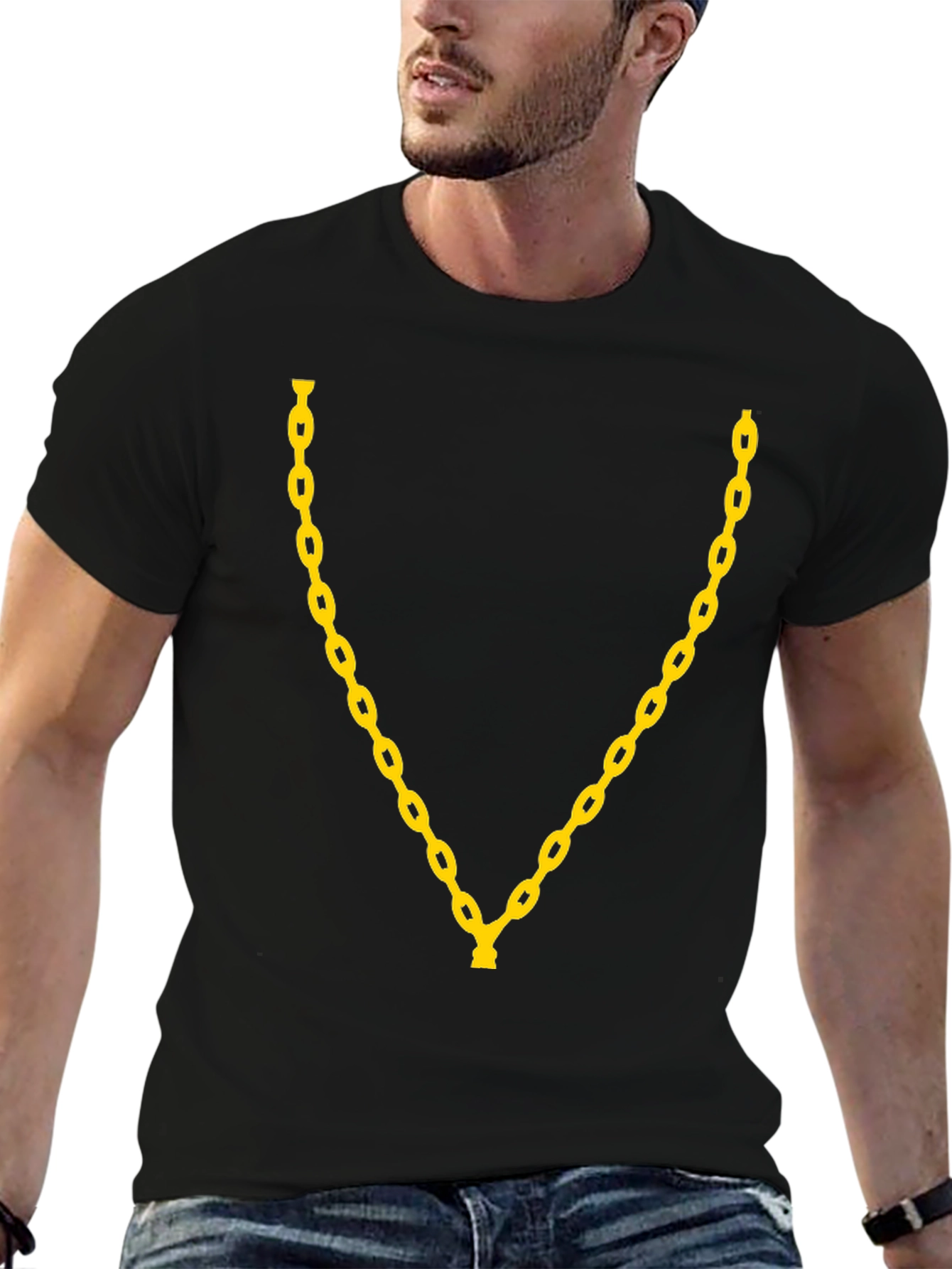 Mens Black T-Shirt with Gold Chain Design