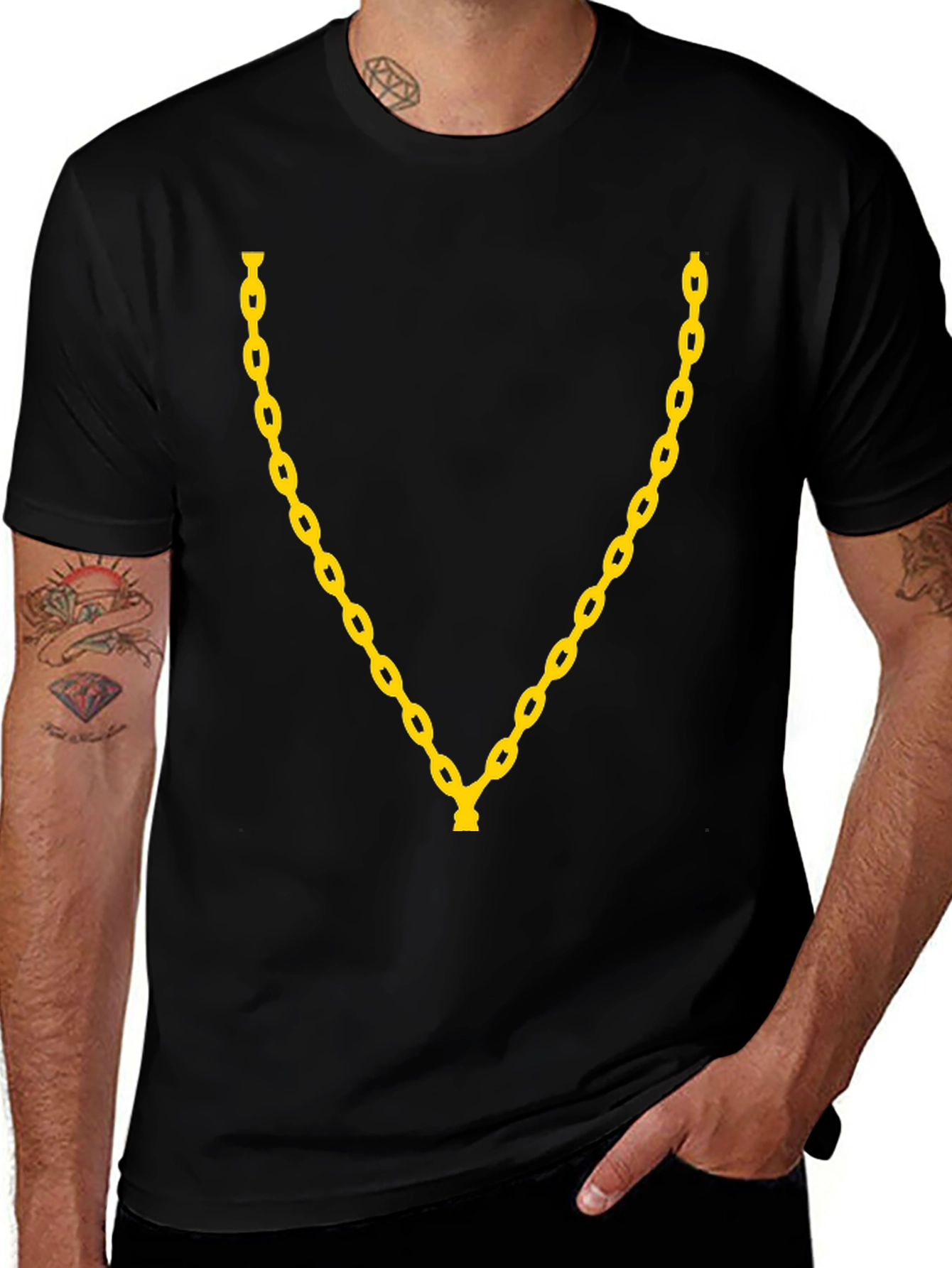 Mens Black T-Shirt with Gold Chain Design