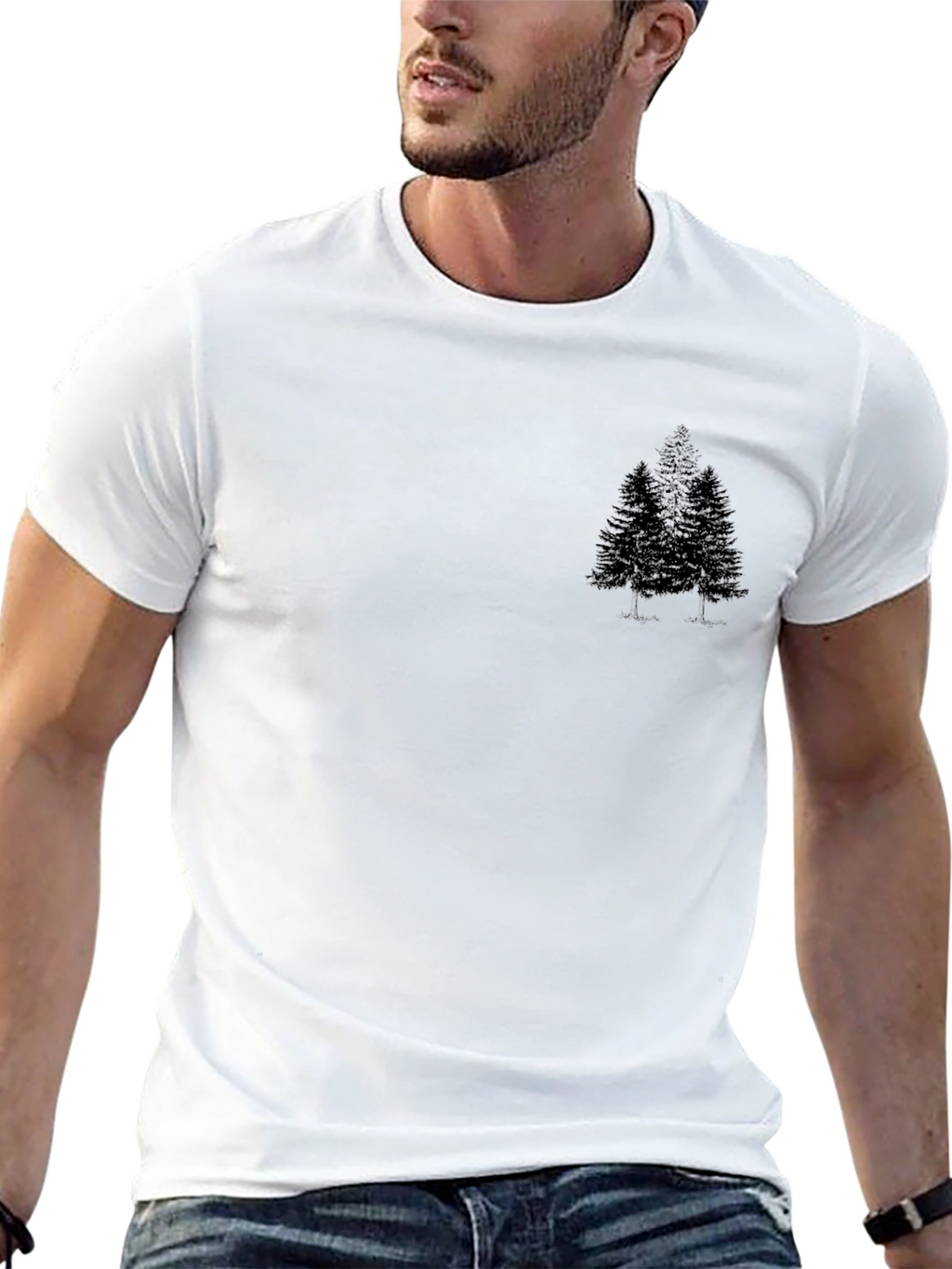 Mens Black Crewneck Tee with Pine Tree Graphic