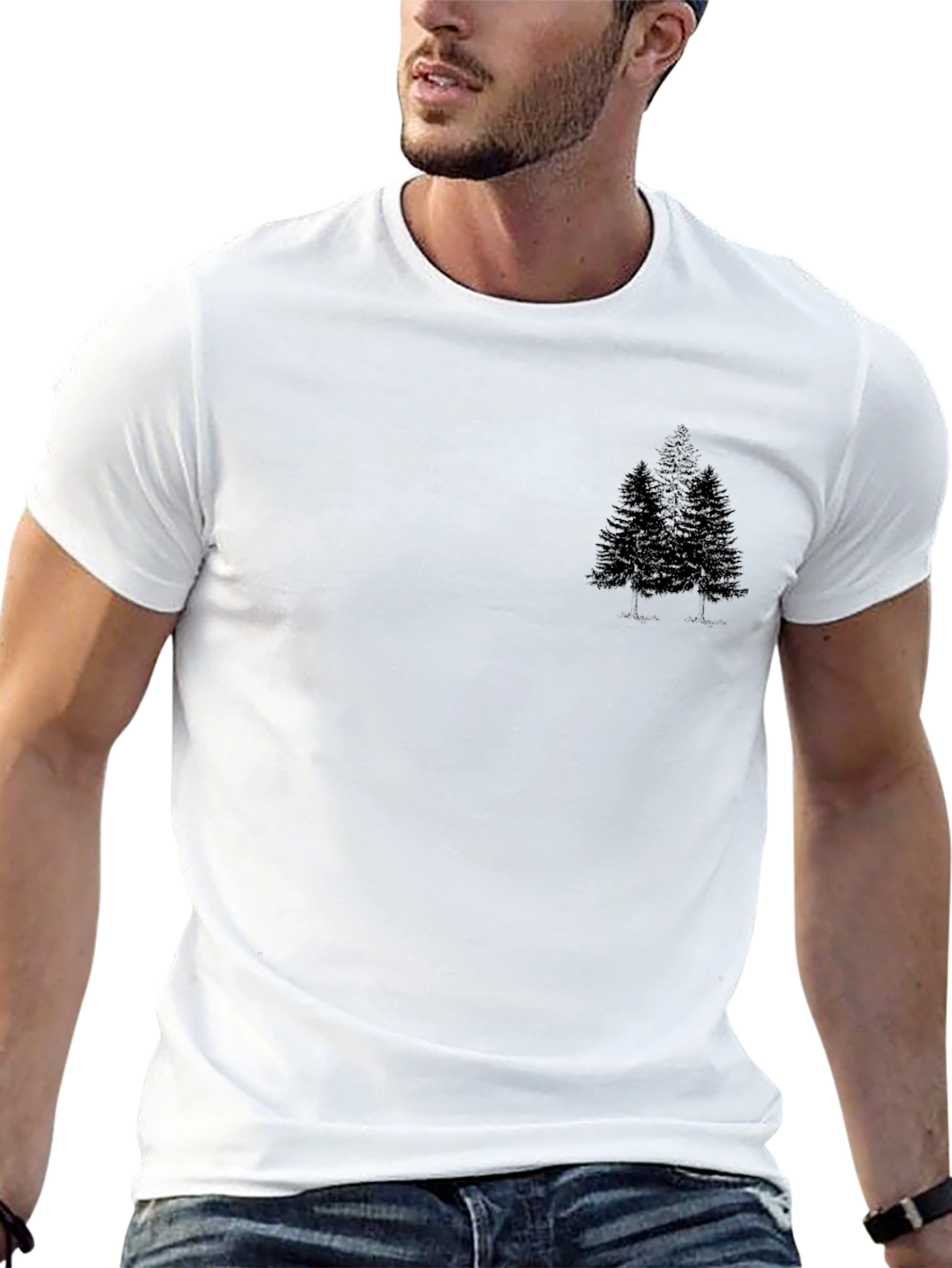 Mens Black Crewneck Tee with Pine Tree Graphic