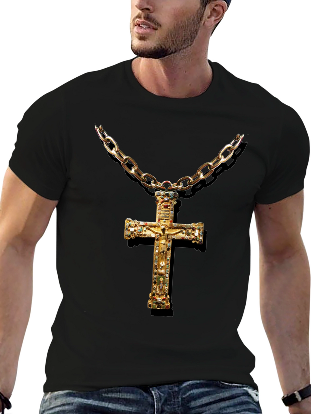 Embellished Cross Chain T-Shirt - Black