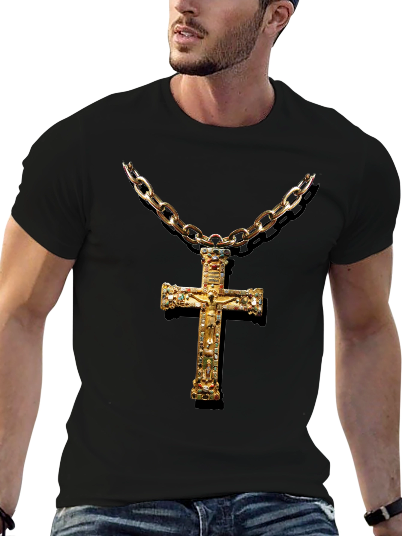 Embellished Cross Chain T-Shirt - Black