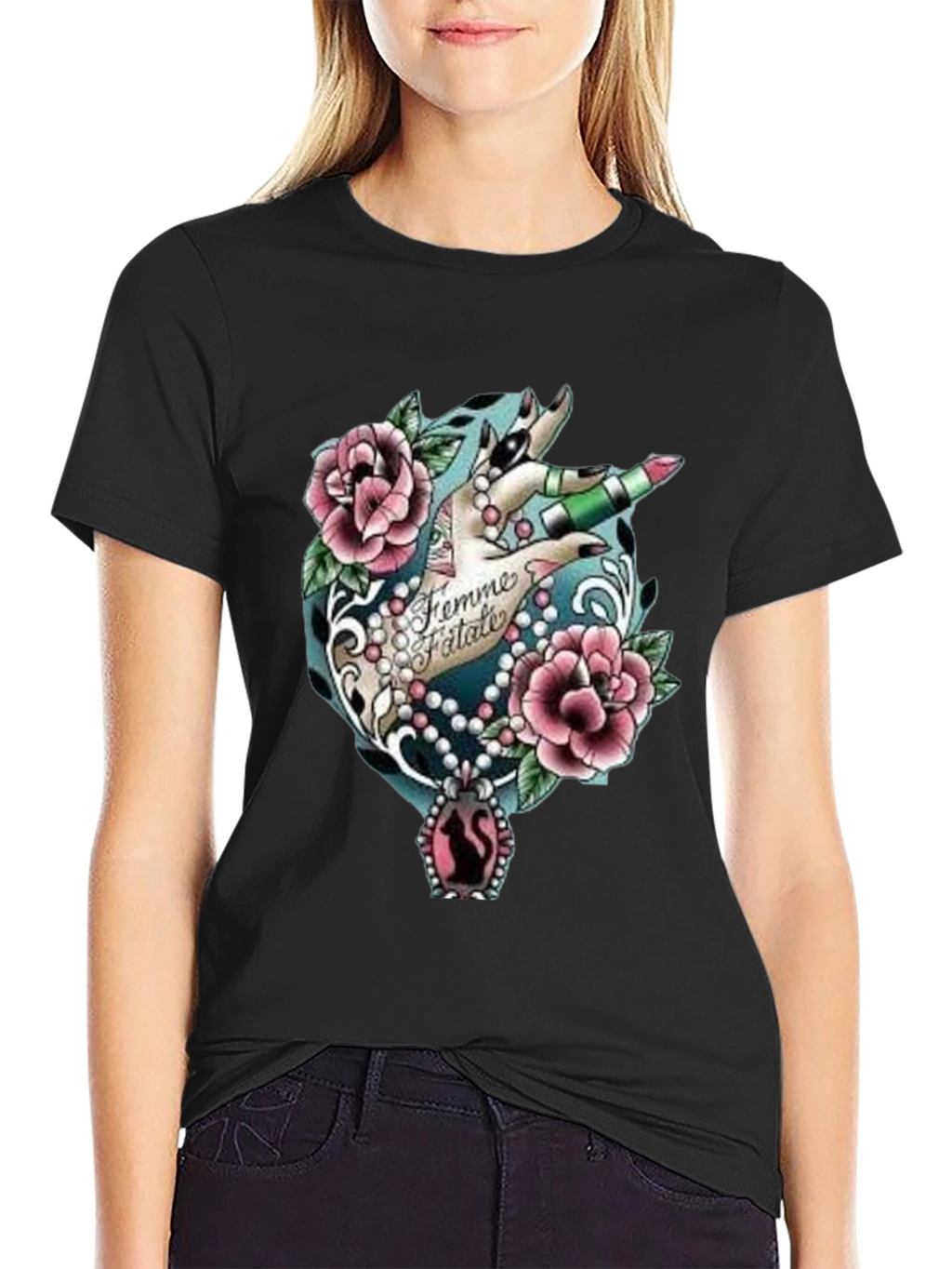 Femme Fatale Graphic T-Shirt - Roses & Lipstick Design