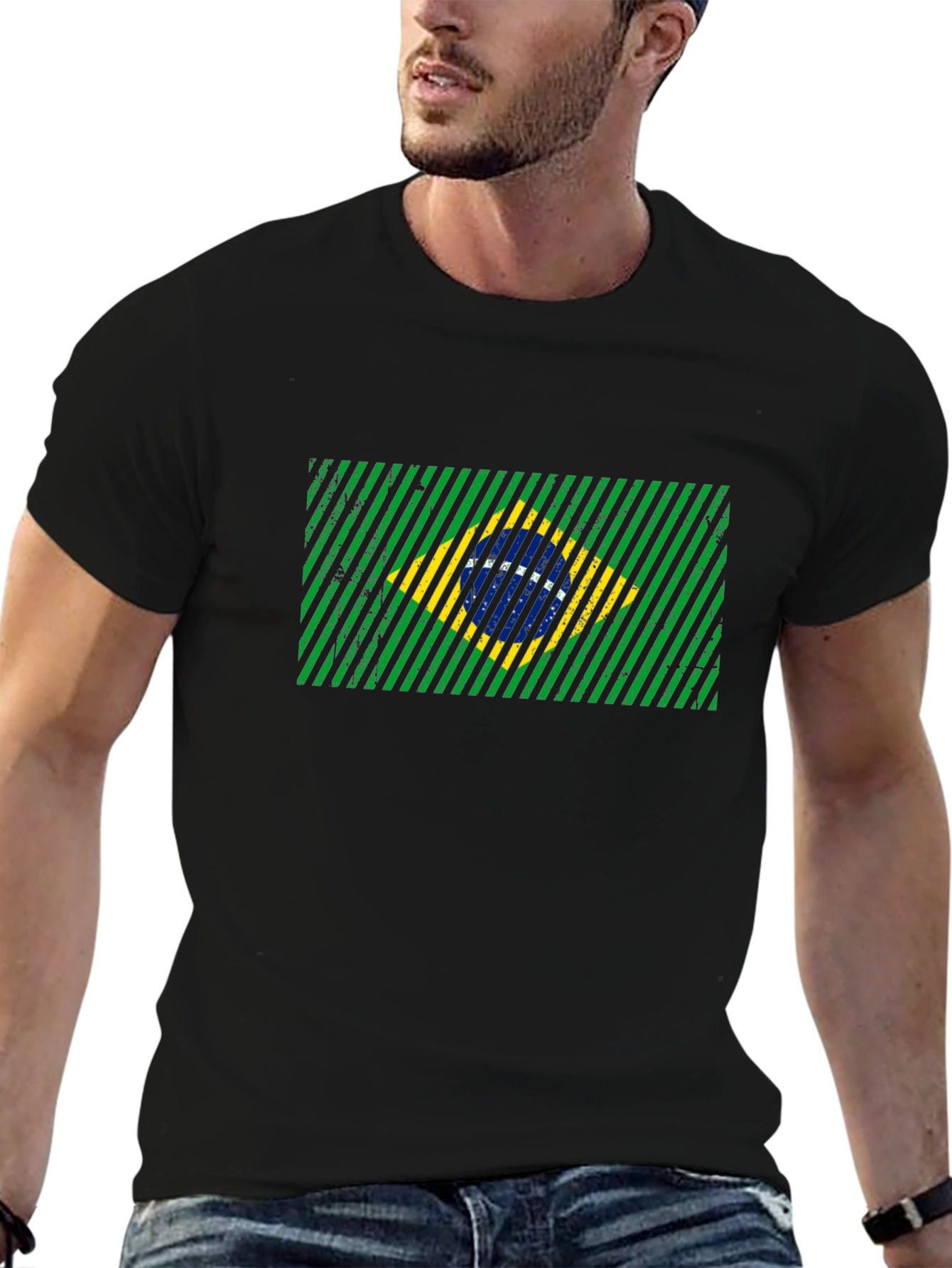 Brazil Flag Graphic Print Mens Black T-Shirt