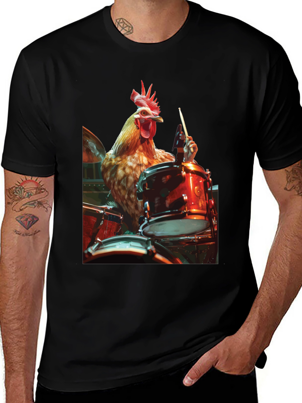 Chicken Drummer T-Shirt - Black Graphic Tee