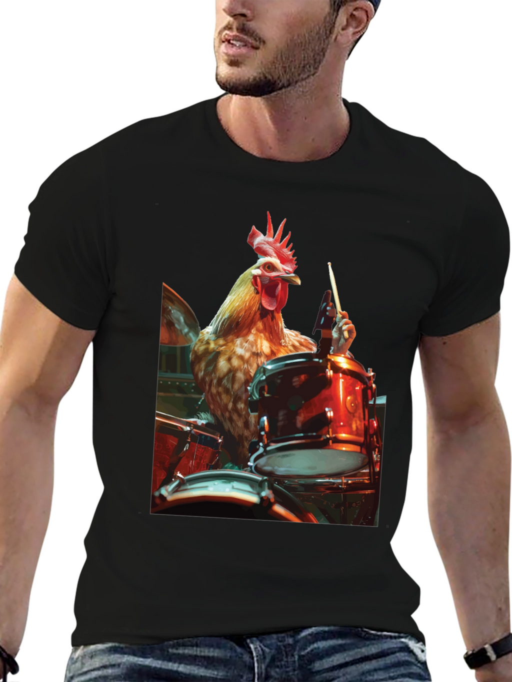 Chicken Drummer T-Shirt - Black Graphic Tee