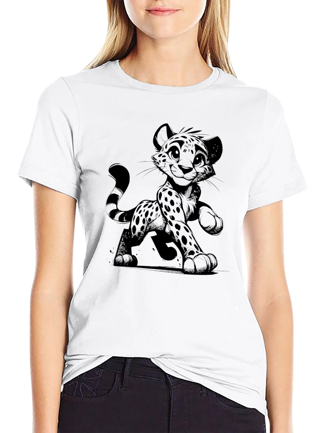Cartoon Cheetah Graphic Tee - Black